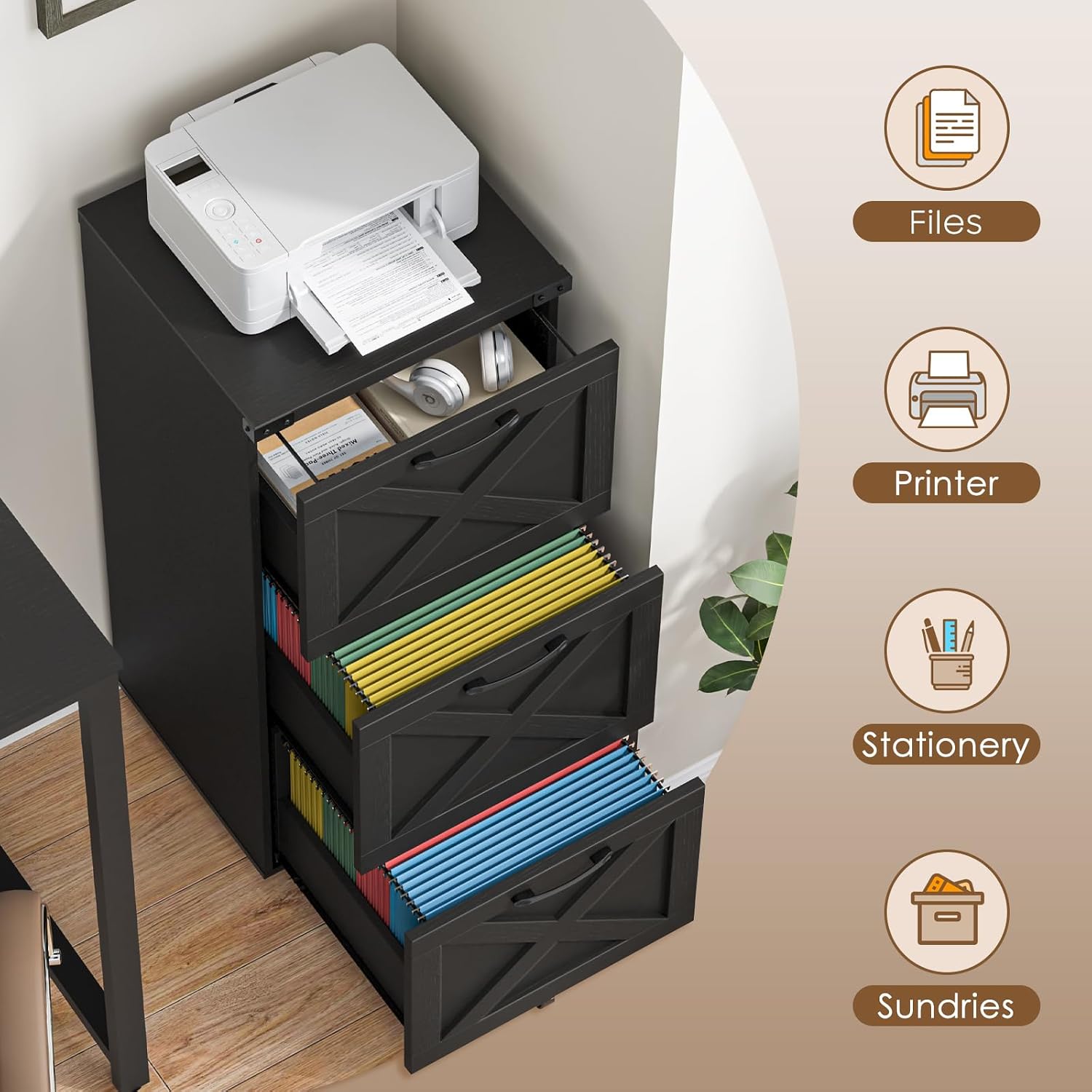 3 Drawers Tall Farmhouse File Cabinet with Wheels for Home Office, Black | Halitaa Vertical Filing Cabinet Fits Letter/A4 Size, Rolling File Cabinet Wooden Printer Stand for Home Office