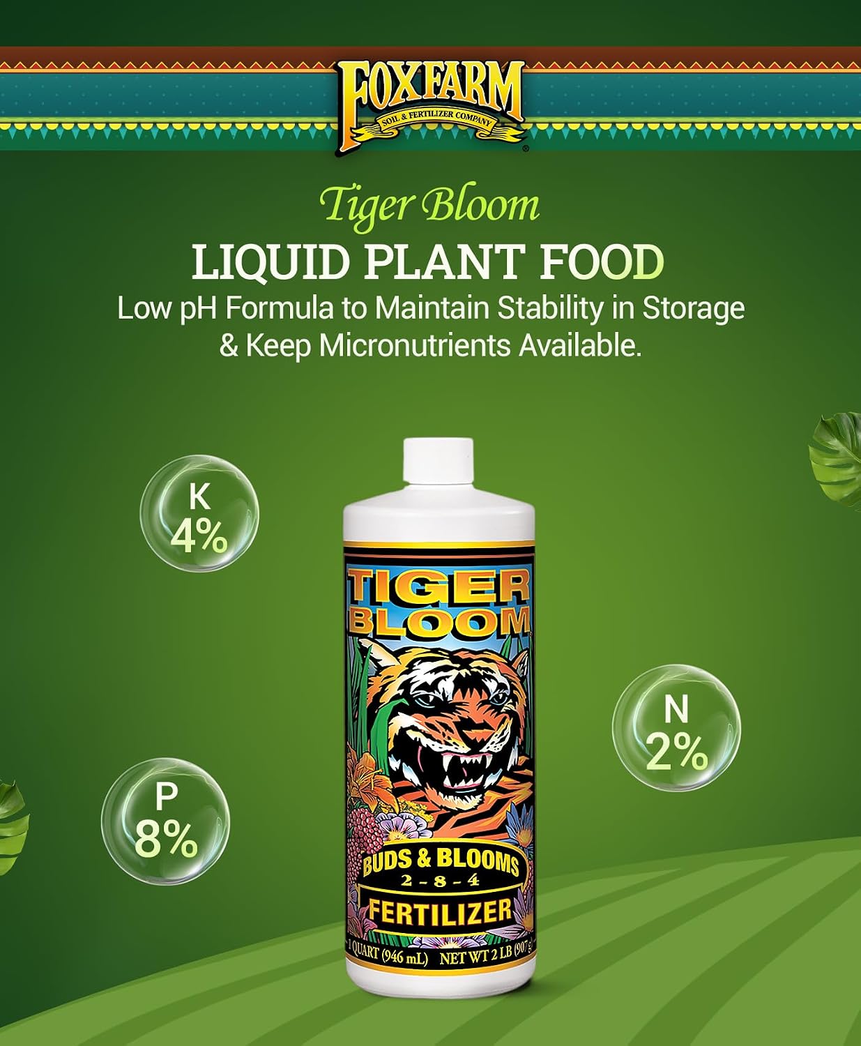 FoxFarm Tiger Bloom Liquid Plant Food - Phosphorus Fertilizer for Buds, Blooms & Flowering - Supports Soil & Hydroponic Systems - High Micronutrient Formula with 2-8-4 Nutrient Ratio - 1 Quart