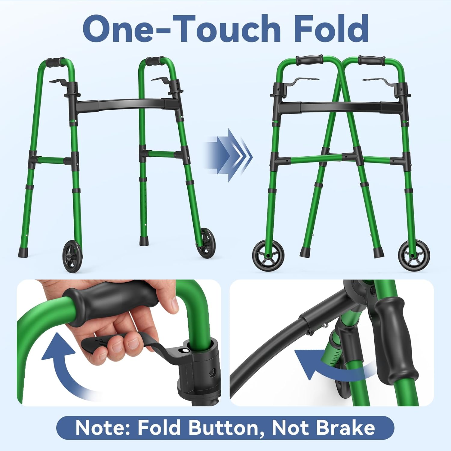 Loyoda Folding Walker with Basket and Glide Skis, 5" Wheels, Lightweight | Standard Walker for Seniors and Adults, Offers 8 Height Adjustments (31"-38"), Supports up to 350 lbs