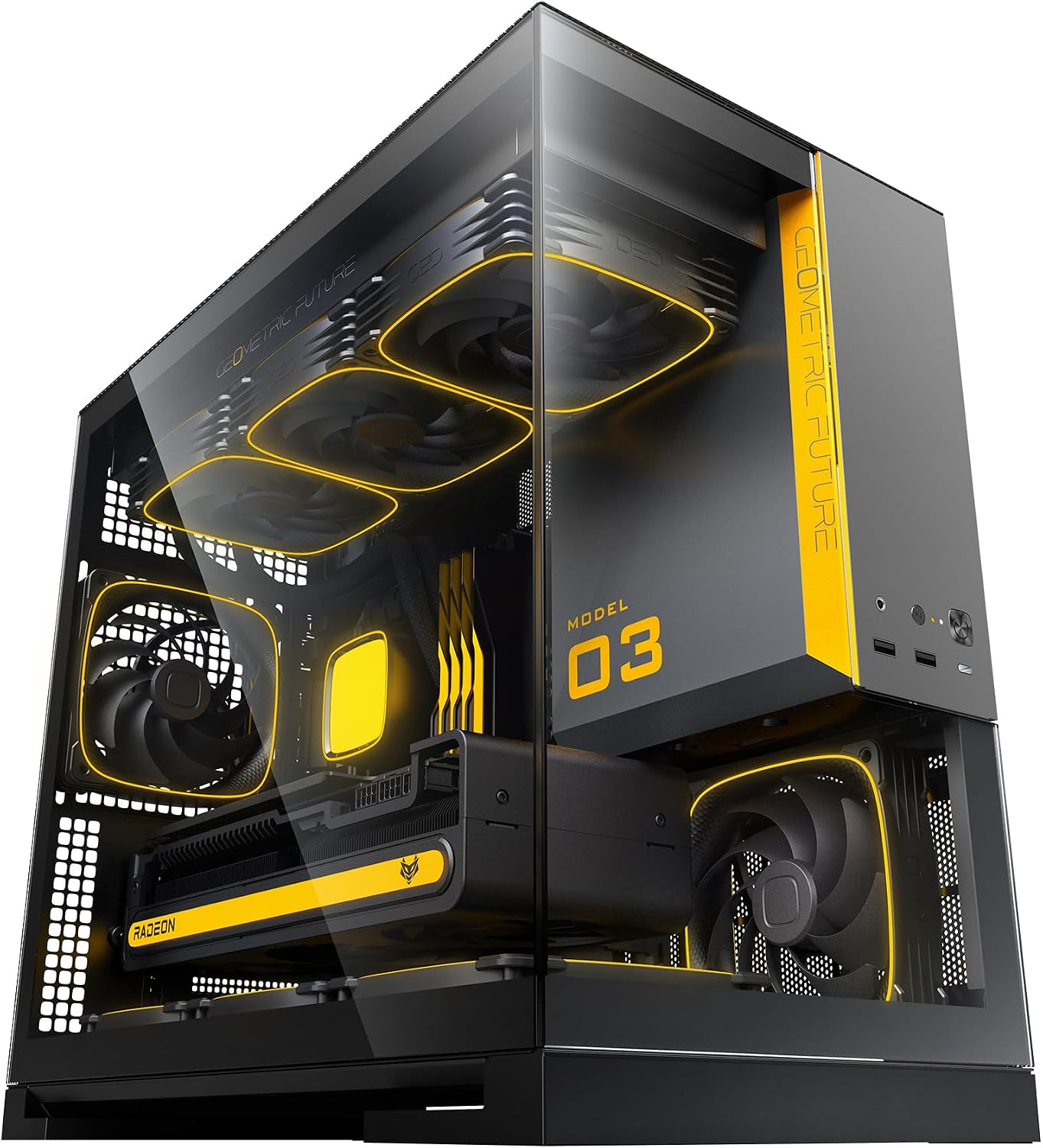 Geometric Future M5 Tempered Glass Mid Tower, E-ATX/ATX Gaming Case, 1.2mm Steel, Type C, Toolless Panels, Support 420/360 Radiator, ARGB PWM 140m Fan x 5 Pre-Installed, Black/Yellow, GEO-M5F-BY