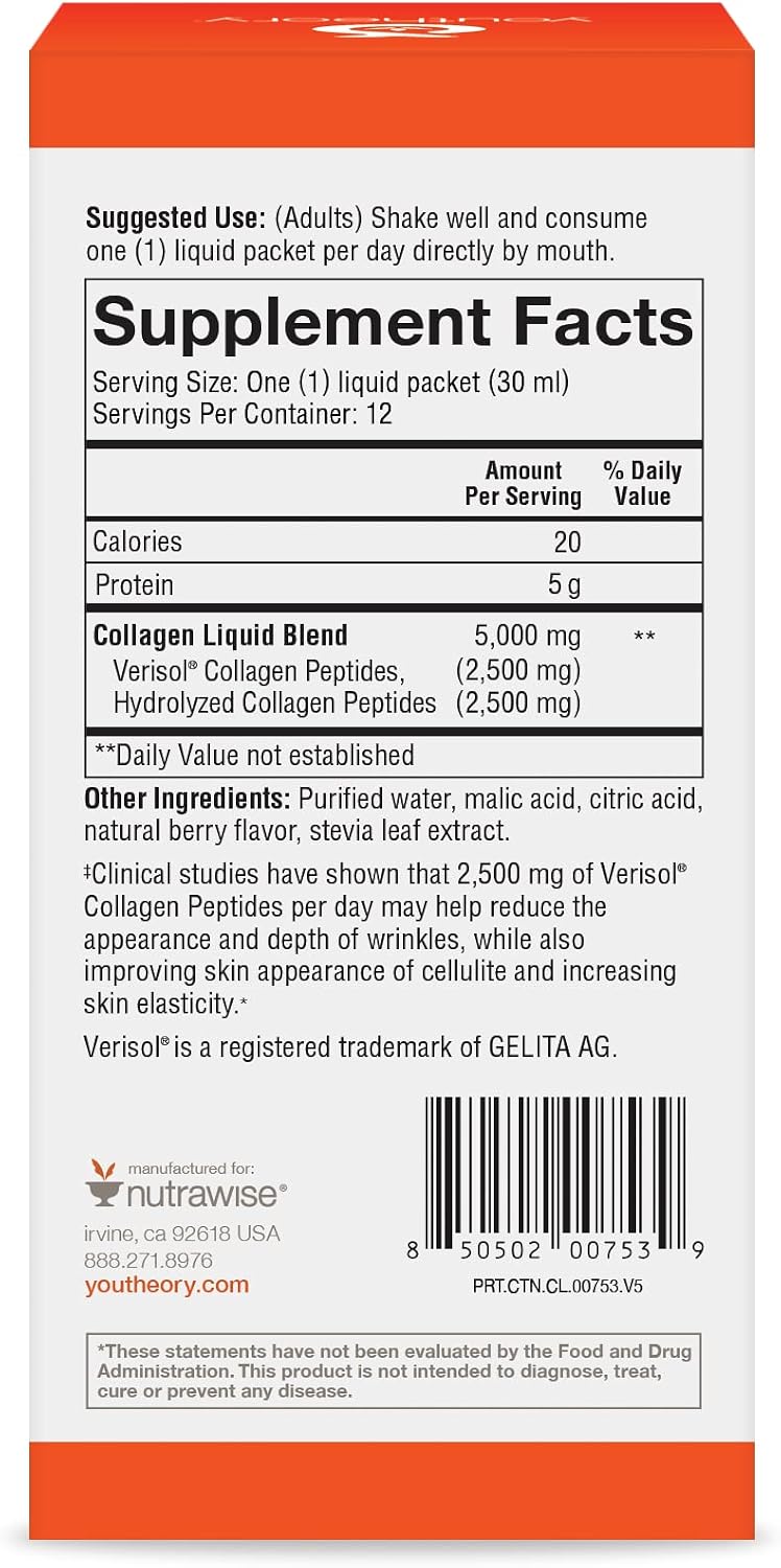 Youtheory Collagen Liquid, 5,000 mg, Berry Flavor, 1 oz, Pack of 12