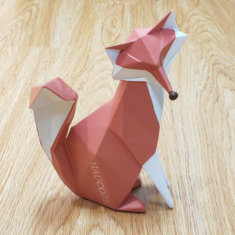 HAUCOZE Fox Statue Figurine Animal Sculpture Modern Home Decor 8.3 Inch | Orange Resin Geometric Art Birthday Holiday Gift Handmade Ornament for