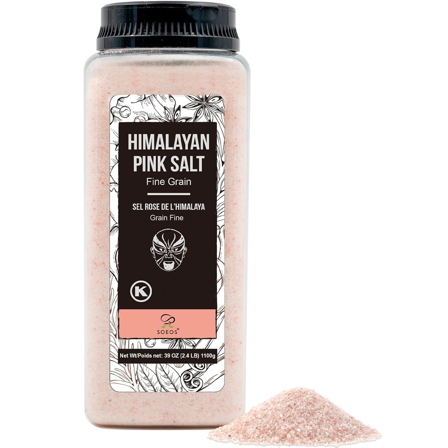 Soeos Himalayan Pink Salt, Fine Grain, 39 oz (2.4lb), Bottled
