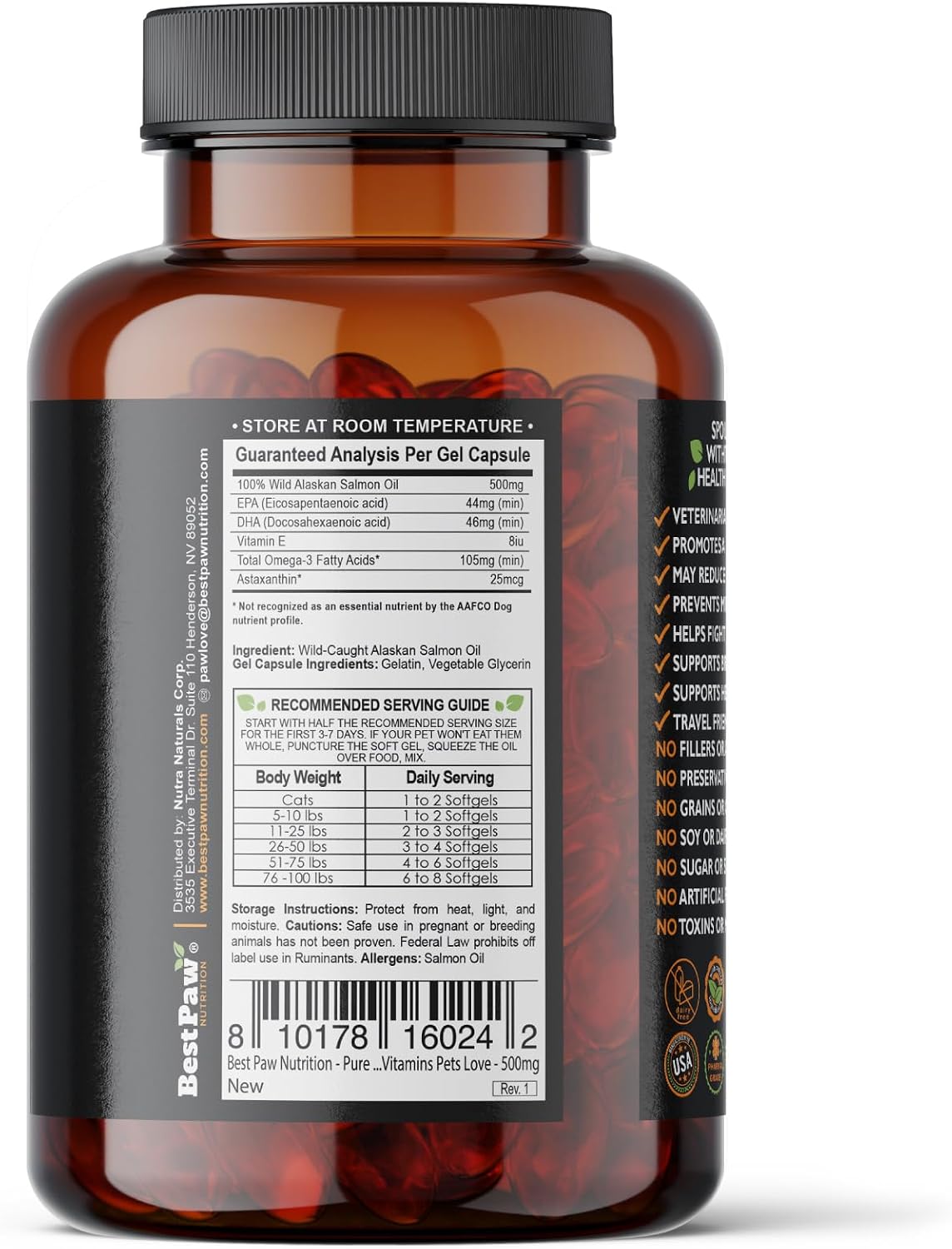 Wild Alaskan Salmon Oil for Dogs and Cats | Omega 3 Fish Oil Soft Gel Capsules | Skin and Coat, Joint and Heart Support | 500mg EPA DHA | 60 Count