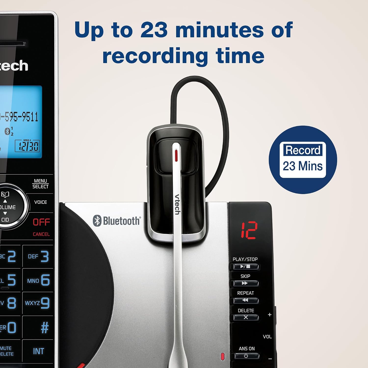 VTech DS6771-3 Connect to Cell, Cordless Phone with Answering Machine, DECT 6.0 Headset+2 Handset Intercom, Bluetooth, Caller ID/Call Waiting, Expandable System - Silver/Black