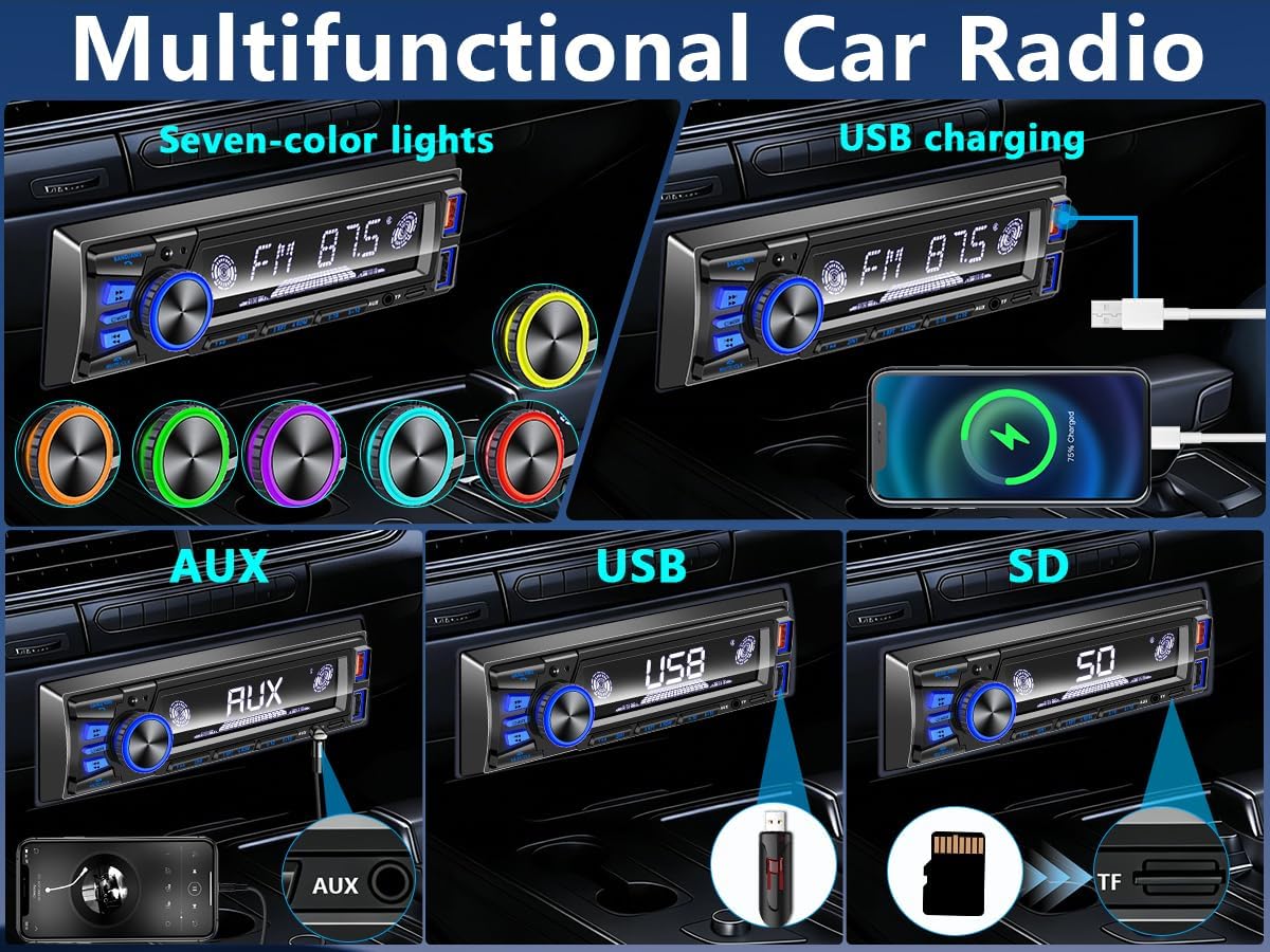 REAKOSOUND Car Radio Bluetooth Single DIN Stereo - FM, USB, AUX, APP, No CD