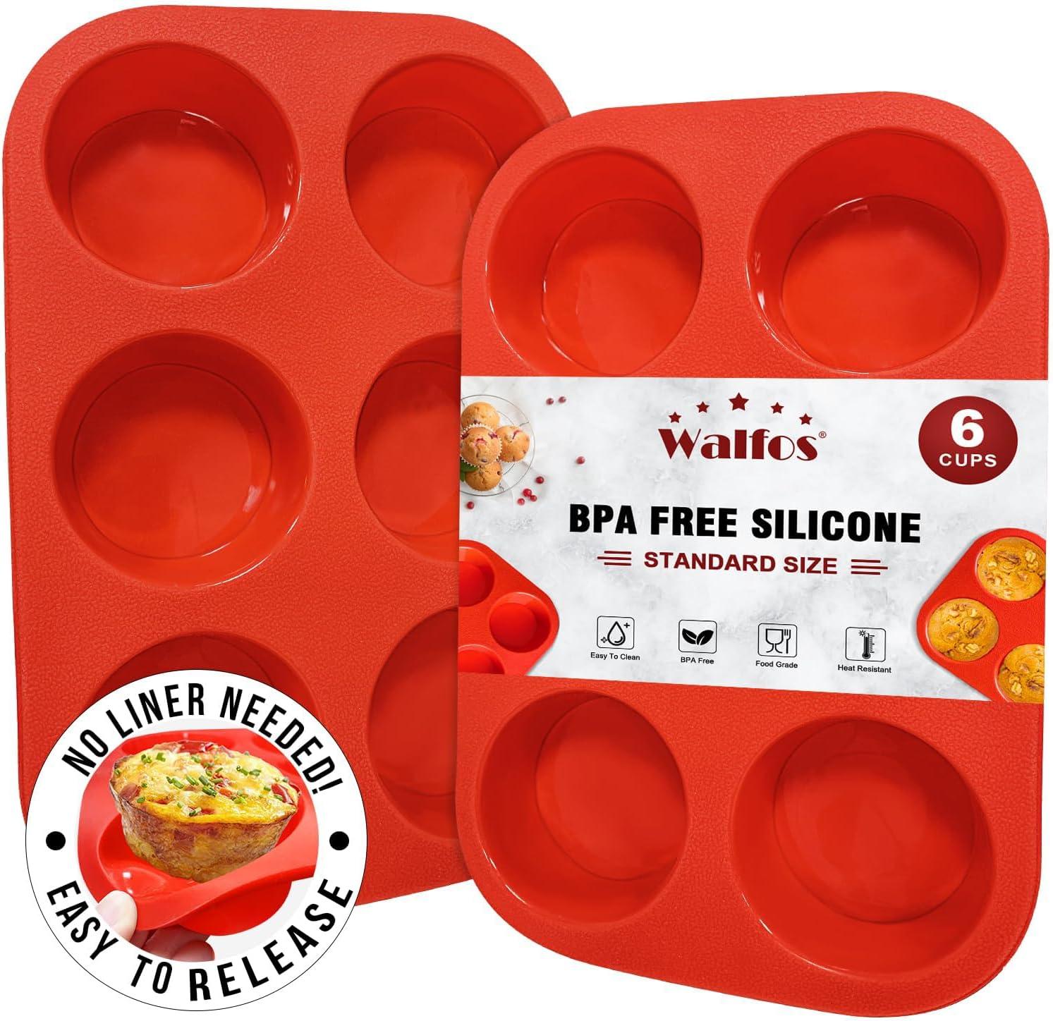 Walfos Silicone Muffin Pan - 6 Cup Non-Stick Silicone Cupcake Pan, Just Release! Food Grade and BPA Free Baking Cups, Perfect for Egg Muffin, Cupcake
