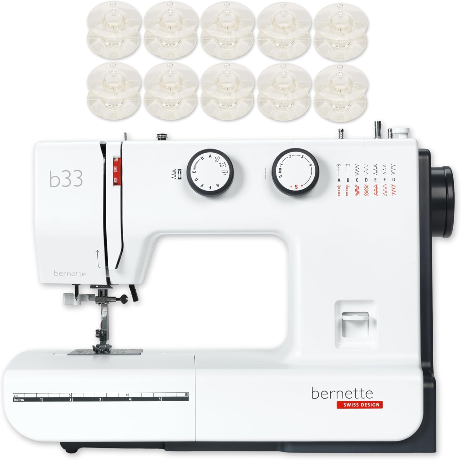 Bernette B33 Swiss Design Sewing Machine | Mechanical, Heavy-Duty, Portable, 15 Built-In Stitches, 5mm Stitch Width, Front-Loading Bobbin