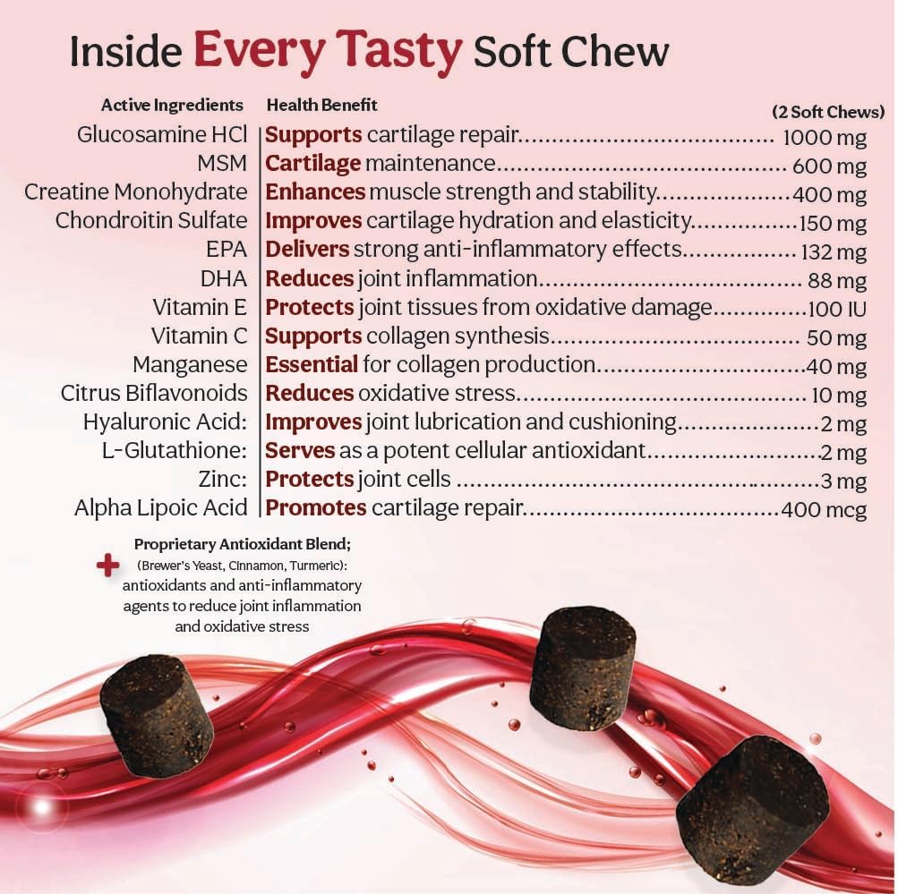 TS Joint Supplement Vet Formulated Pain & Inflammation Relief Treats Hip Dysplasia & Arthritis.Glucosamine, Chondroitin, Turmeric, MSM, HA, Creatine, Omega 3 EPA+DHA. All Dogs 240 Soft Chews