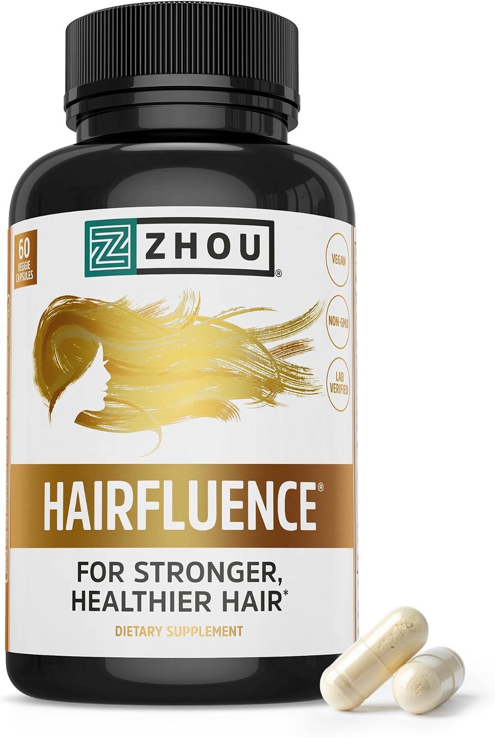 Zhou Hairfluence Supplement - 60 Veggie Capsules (Pack of 1) | Vegan Biotin Supplement for Hair Growth for Men & Women, Supports Stronger & Healthier Hair & Nails