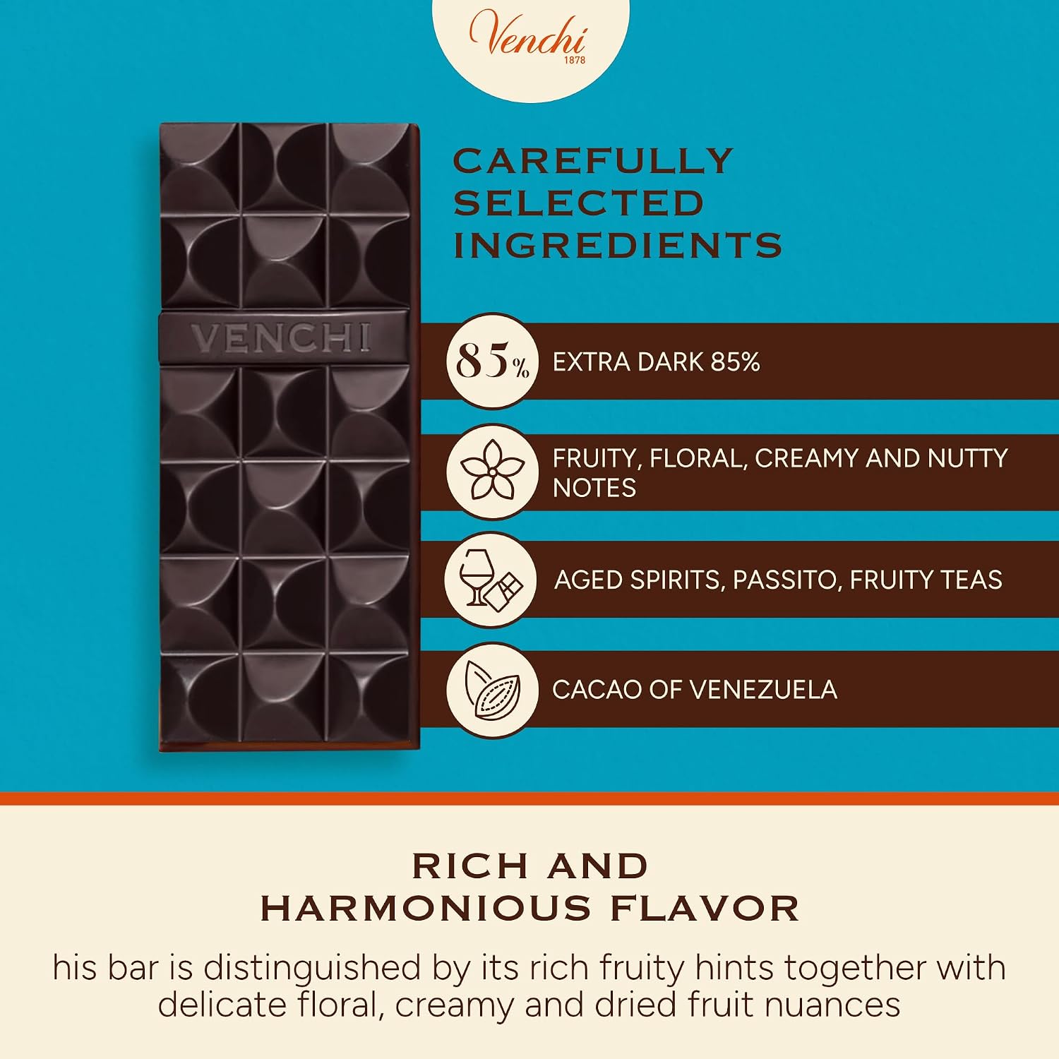 Venchi - Venezuelan Cocoa Blend - 85% Dark Chocolate Bar, 2.46oz - Single Origin Premium Fine Chocolate - Naturally Gluten Free - Vegan