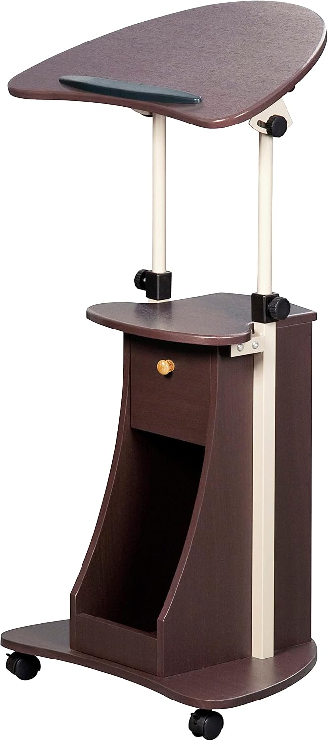 Techni Mobili Adjustable Height Rolling Laptop Cart with Storage, Graphite | Adjustable height rolling laptop cart with storage drawer, open shelf, wheels, sit‑stand design for office or medical use