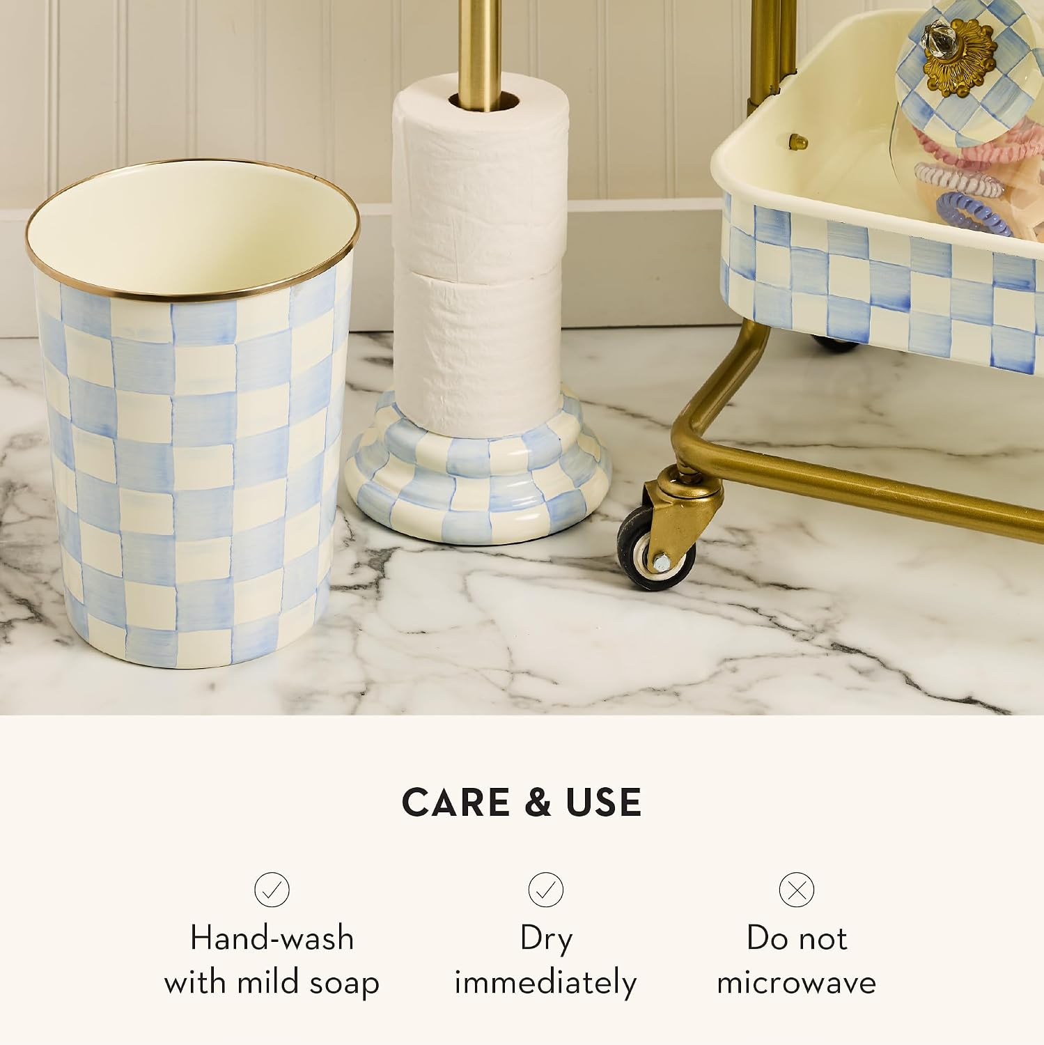 MACKENZIE-CHILDS Waste Bin, Black-and-White Courtly Check | Hand-painted design, made from enameled steel, decorative bedroom or bathroom trash can, 8" dia. x 9.5" H