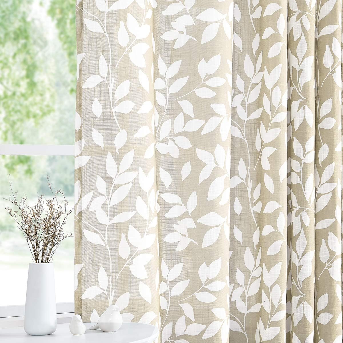 Leaf Semi Sheer Curtains for Bedroom Living Room 52x72" Taupe White Print 2