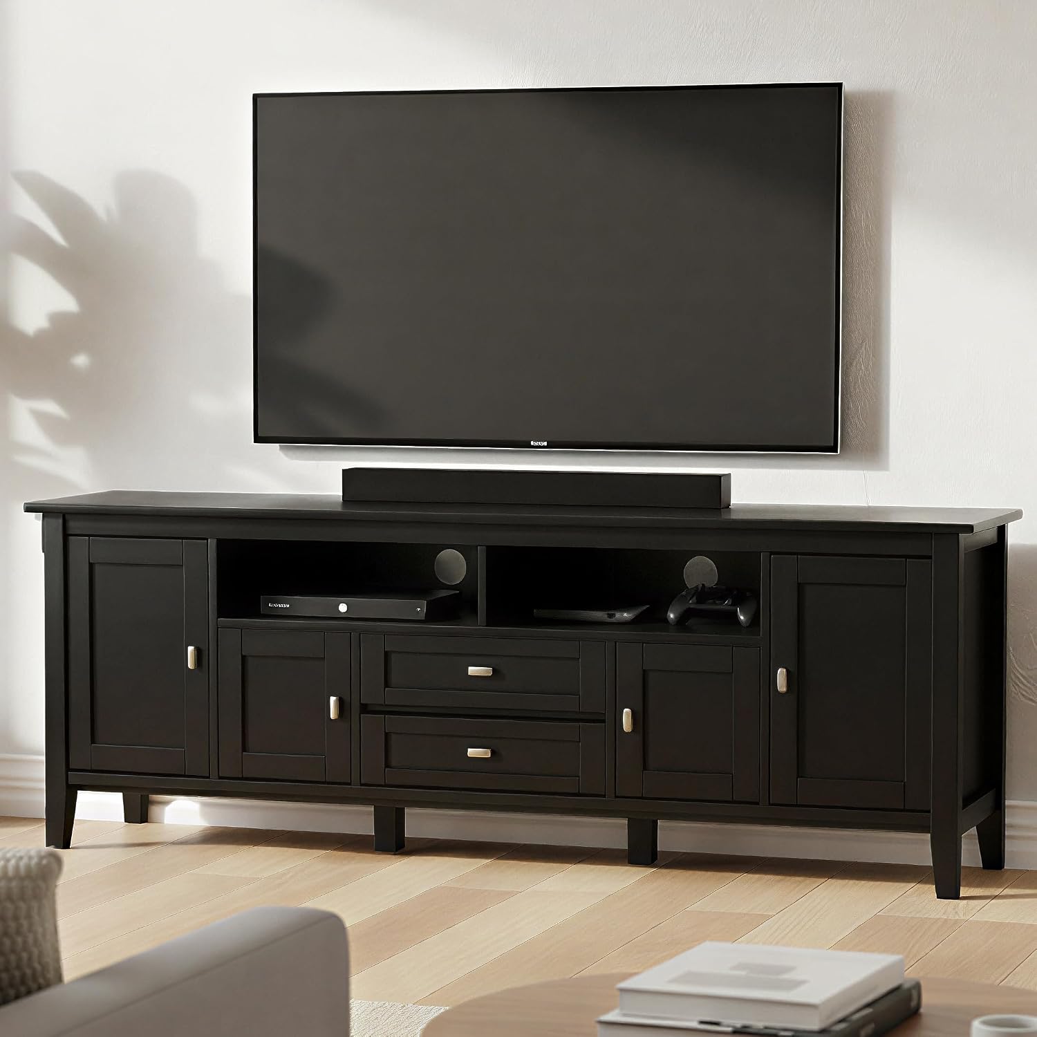 SIMPLIHOME Warm Shaker 47" Wide Solid Wood TV Stand in Light Golden Brown