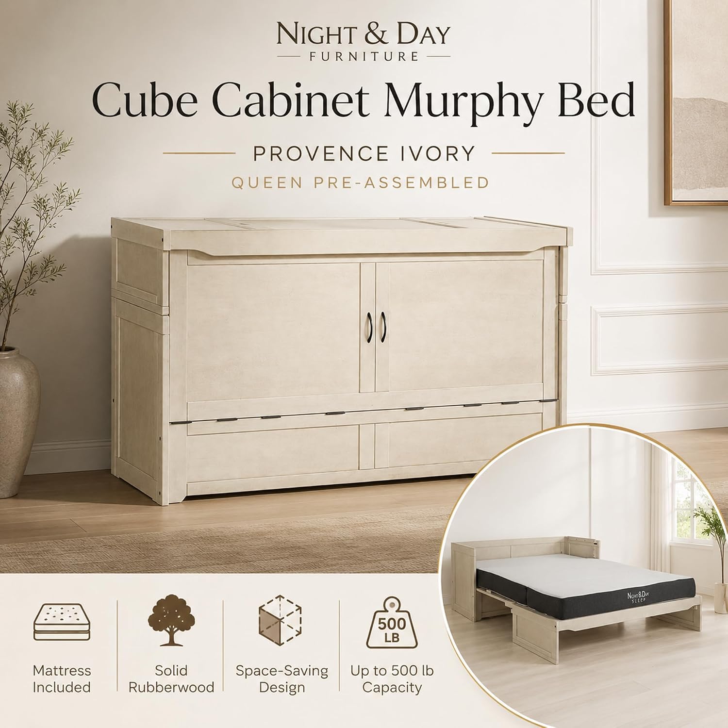 NIGHT & DAY Furniture Murphy Cube Cabinet Bed Pre-Assembled (Cherry, Queen) | Pre-Assembled