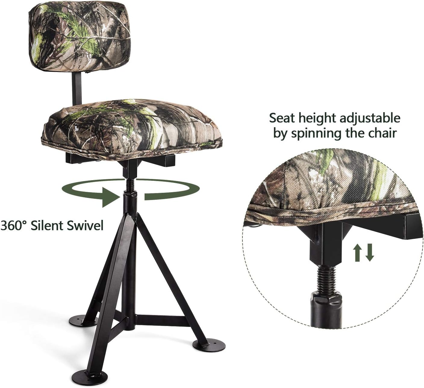 LDAILY Moccha 360 Swivel Hunting Chair, Camo Blind Chair with Detachable Backrest, Padded Seat, Height Adjustable Hunter Fishing Camping Stool