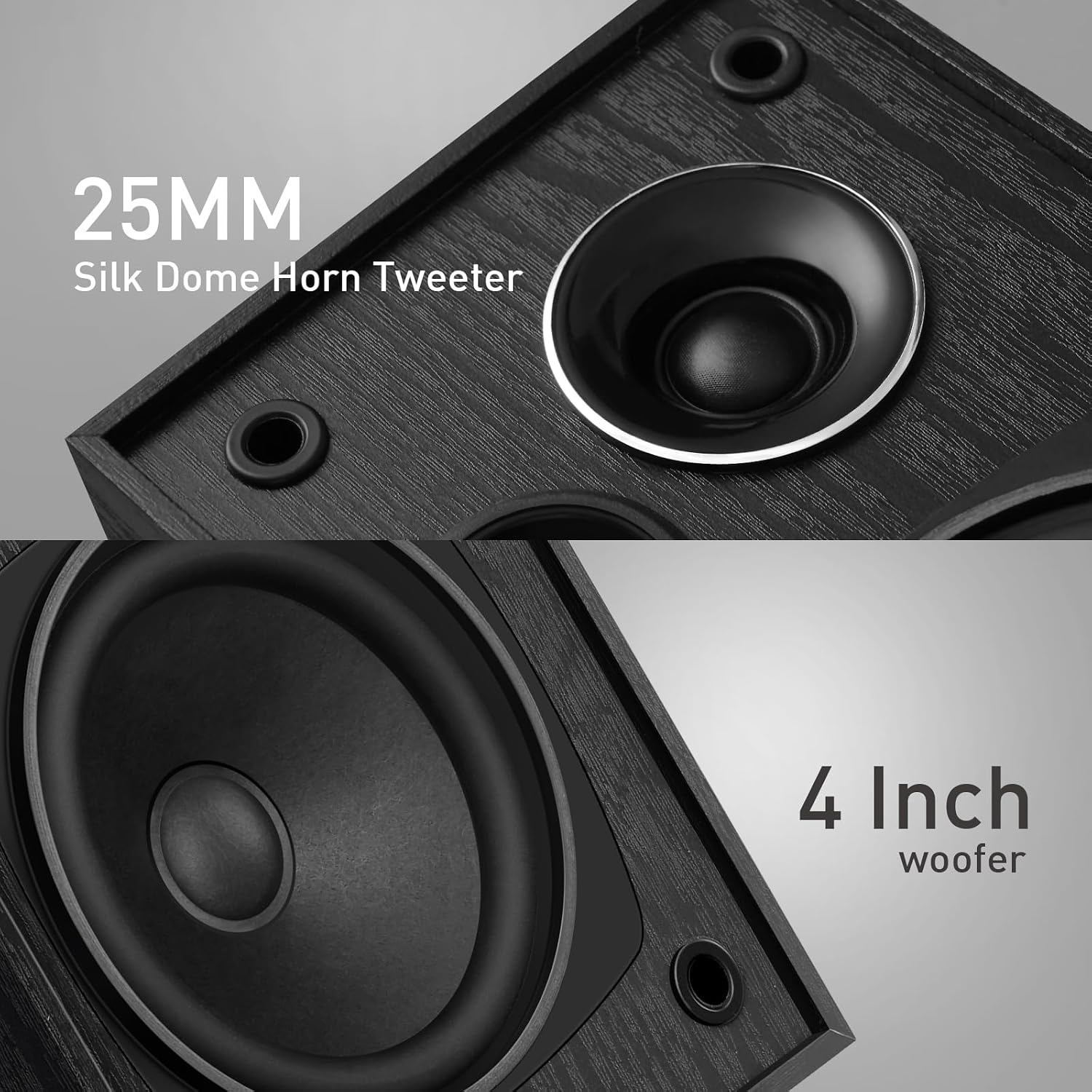 Elimavi Passive Bookshelf Speakers, Requires a Receiver or Amplifier, Brown | 2-Way Design with 4" Woofer & 1" Silk Horn Tweeter, 60Hz Bass, Rear Speakers for Home Theater Surround Sound, Cables included