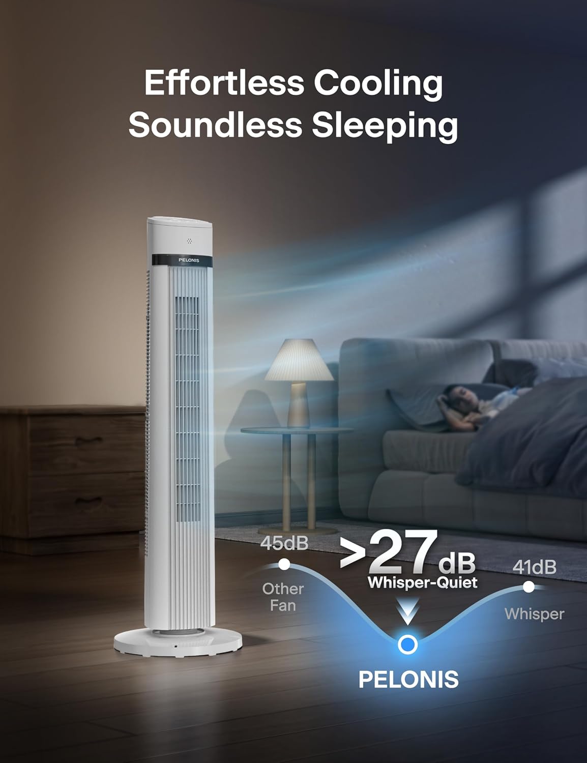 PELONIS 40-inch Bladeless Tower Fan for Bedroom, Standing Fan with Remote Control, 26ft/s, 90° Oscillation, 3 Speed Settings, 27 dB, 3 Modes