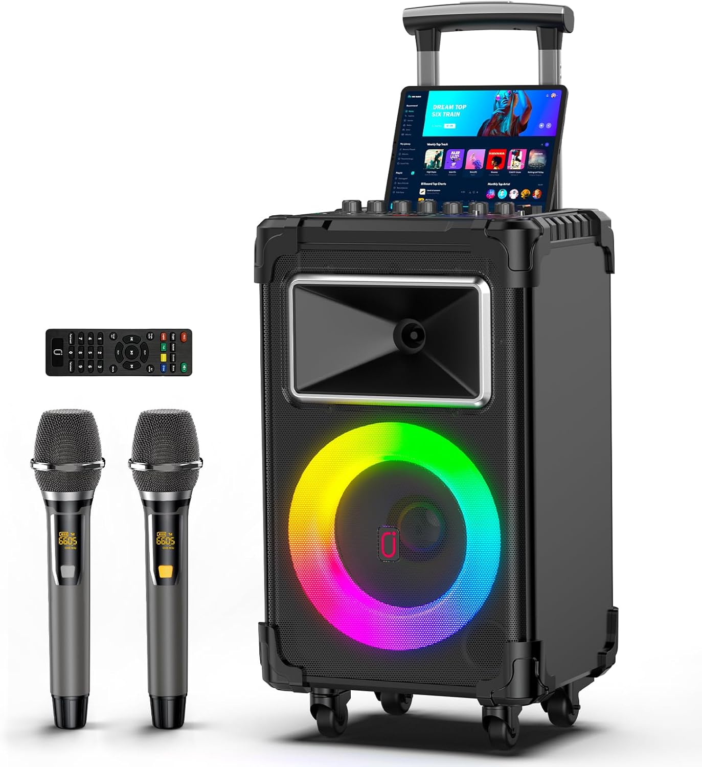 JYX Karaoke Machine with 2 Wireless Mics, 10" Woofer 500W Peak Power Big Portable Bluetooth Speaker with Bass/Treble Adjustment