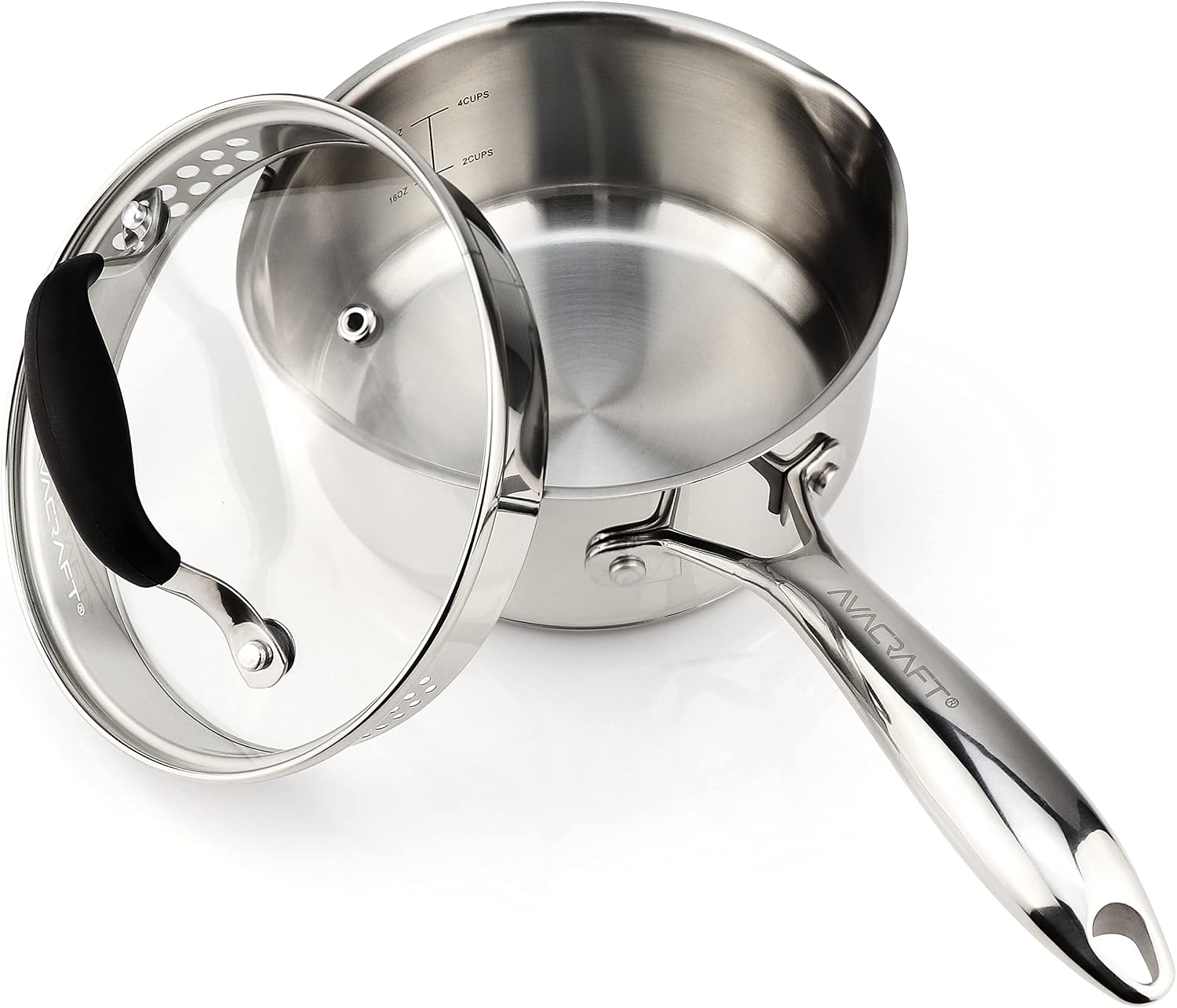AVACRAFT 2.5 Quart Stainless Steel Saucepan with Glass Strainer Lid | 18/10 Stainless Steel, 5-Ply Capsule Base, Dual Pour Spouts, Induction Compatible, Ergonomic Handle, Dishwasher Safe