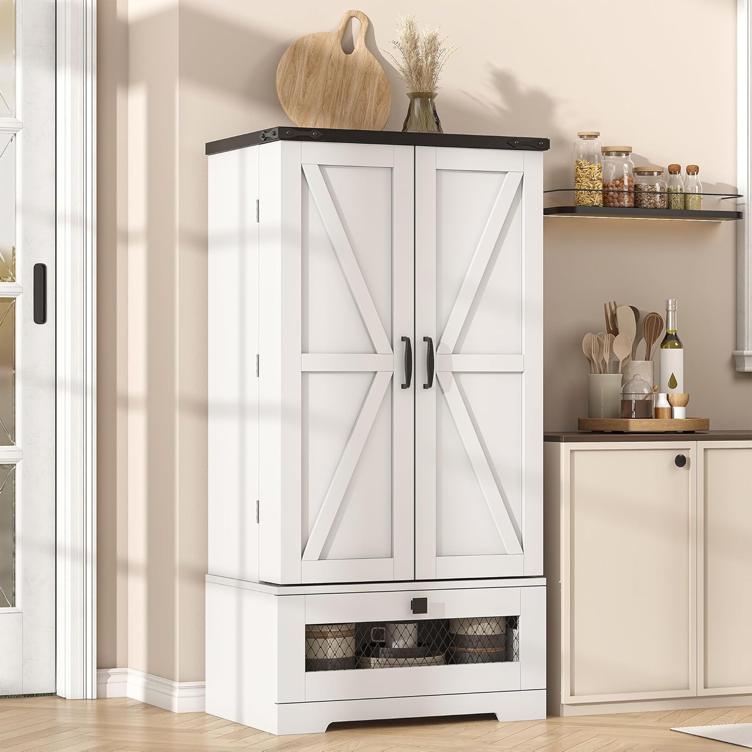 kepptory 47” Pantry Cabinet, Kitchen Pantry Storage Cabinet with Doors and Adjustable Shelves,Freestanding Buffet Cupboards Sideboard for Living Room and Dinning Room (White)