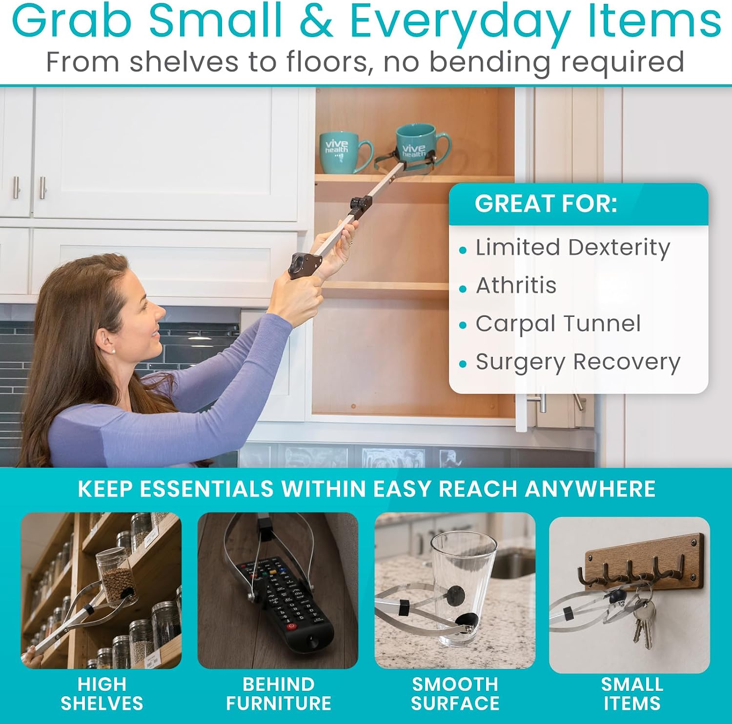 Vive Foldable Suction Reacher Grabber Tool for Elderly (1) - 32 Inches Long Reach Grabber Claw - Pick Up Grab Tool - Reachers for Disabled & Seniors
