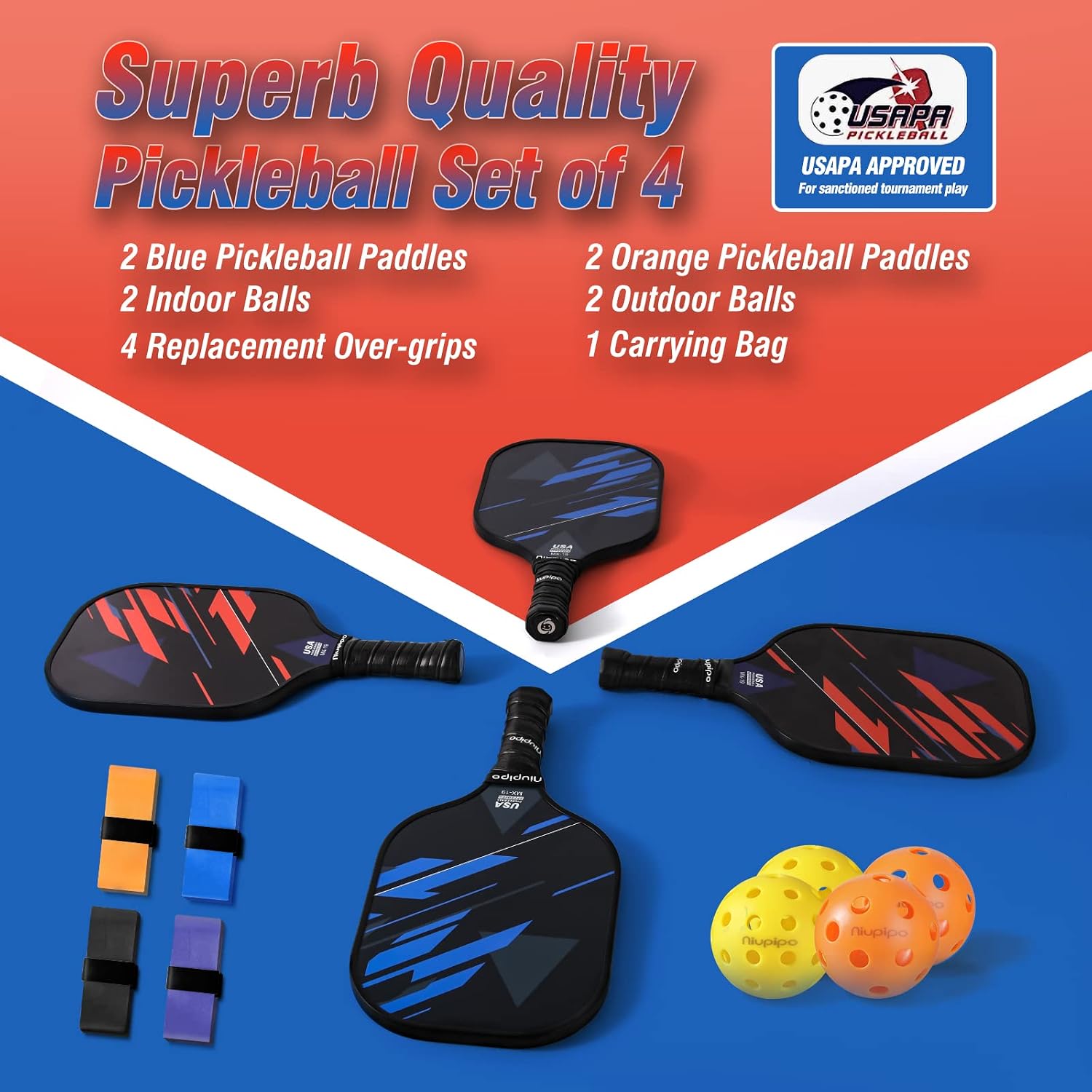 niupipo Pickleball Paddles Set of 2 or 4, USAPA Approved Fiberglass Pickleball Paddle Set with Balls and Bag, Polypropylene Honeycomb Core