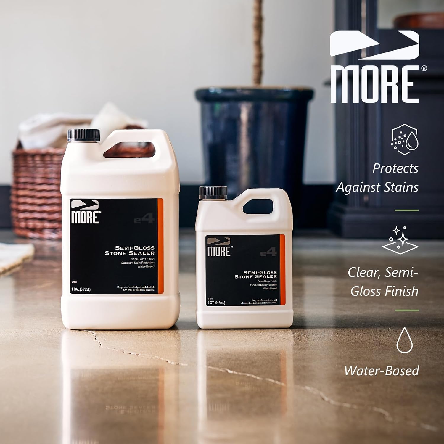 MORE- Semi-Gloss Stone Sealer - Seal & Enhance Natural Stone, Paver, Tile & Concrete - Wet Look Semi-Gloss Finish - Protects Against Oil & Water-Based Stains - Indoor/Outdoor - Water-Based - 128oz