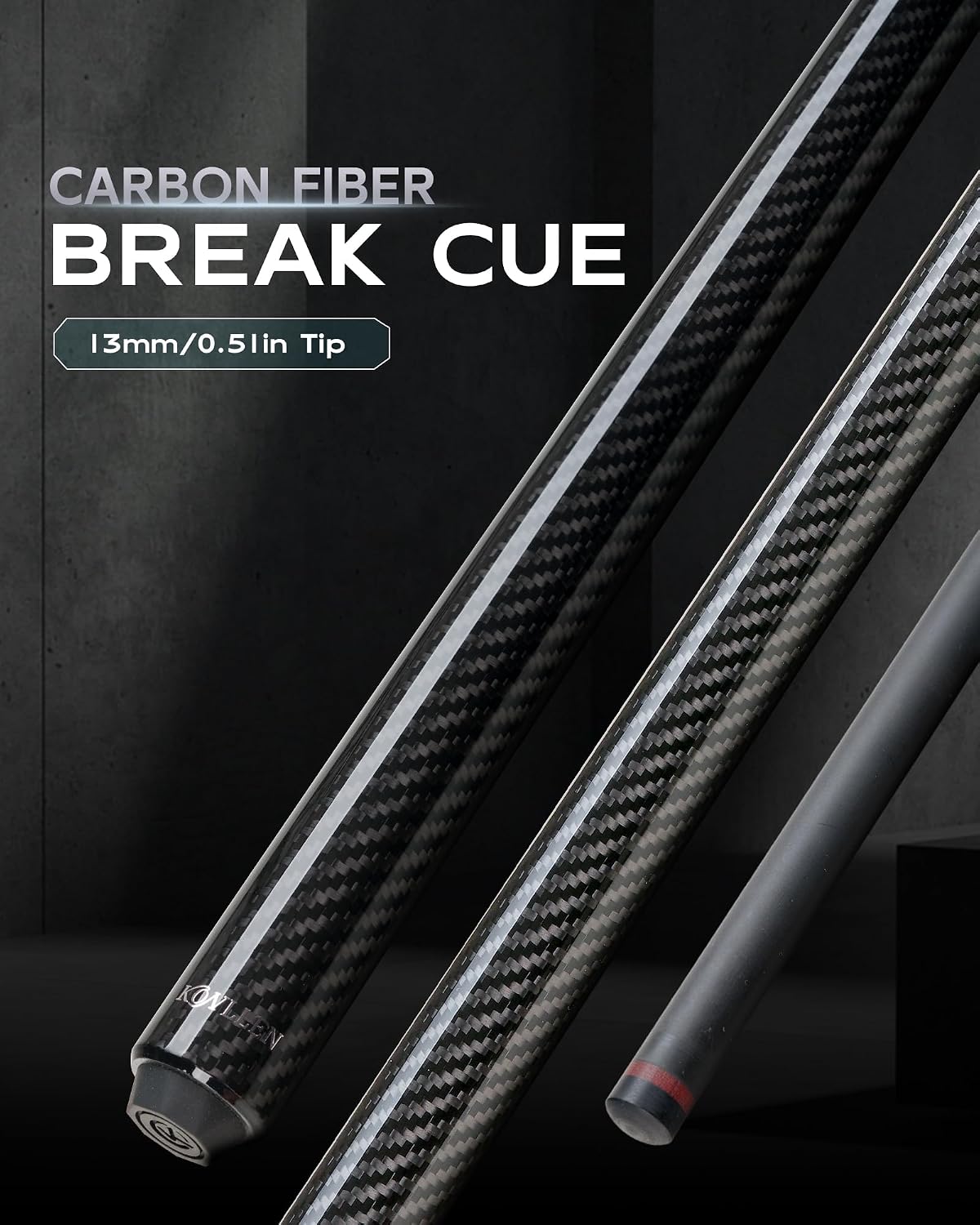 KONLLEN Carbon Fiber Break Cue, 58-Inch Pool Stick, 13mm Tip | Carbon shaft, 2-piece design, firm tip setup, built for dedicated break shots