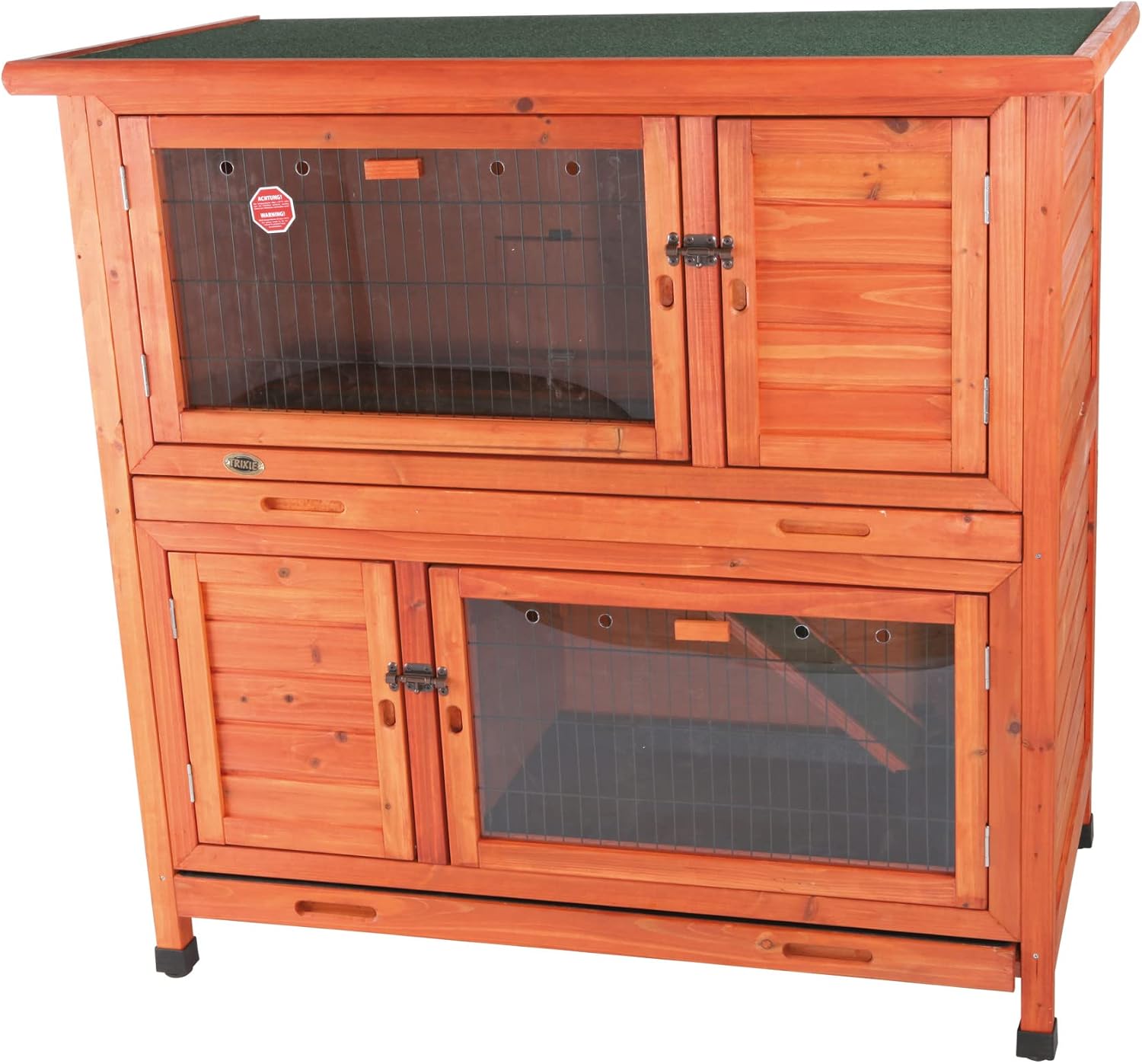 Trixie 2-Story Rabbit Hutch with Retreat Area, Non-Slip Ramp, Hinged Roof with Locking Arm, 4 Doors, 2 Metal Slide Latches, and Pull-Out Trays for Easy Cleaning