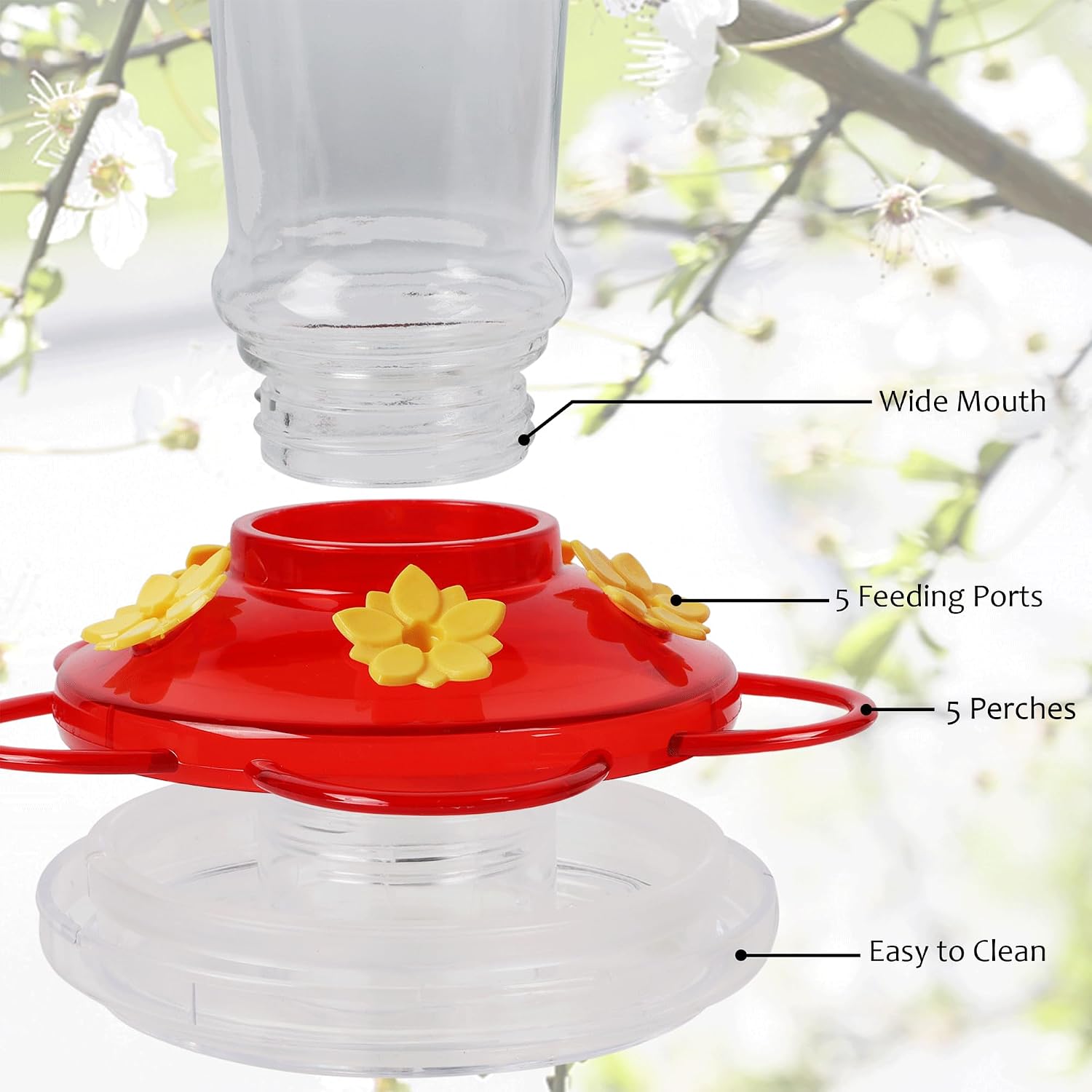 Shrdaepe Hummingbird Feeder, Glass Bottle Bird Feeders, 5 Feeding Ports, 10-Ounce Nectar Capacity