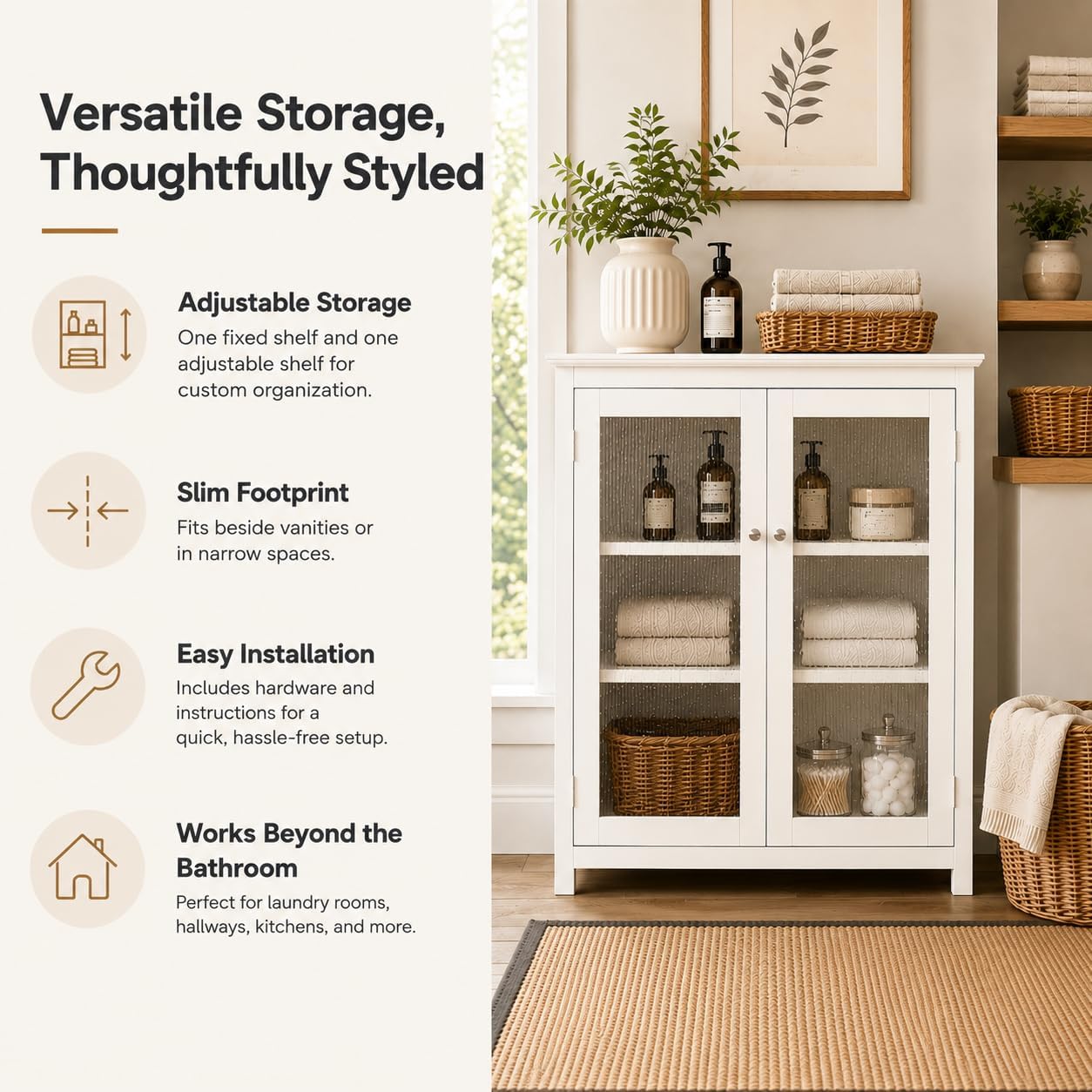 Teamson Home Florence 26 in. x 32 in. 2-Door Freestanding Wooden Floor Cabinet with Adjustable Shelves for Storage Solutions in Bathrooms, Kitchens, Laundry Rooms, Home Offices, White | Freestanding Wooden, Adjustable Shelves, For Bathrooms, Kitchens, La…