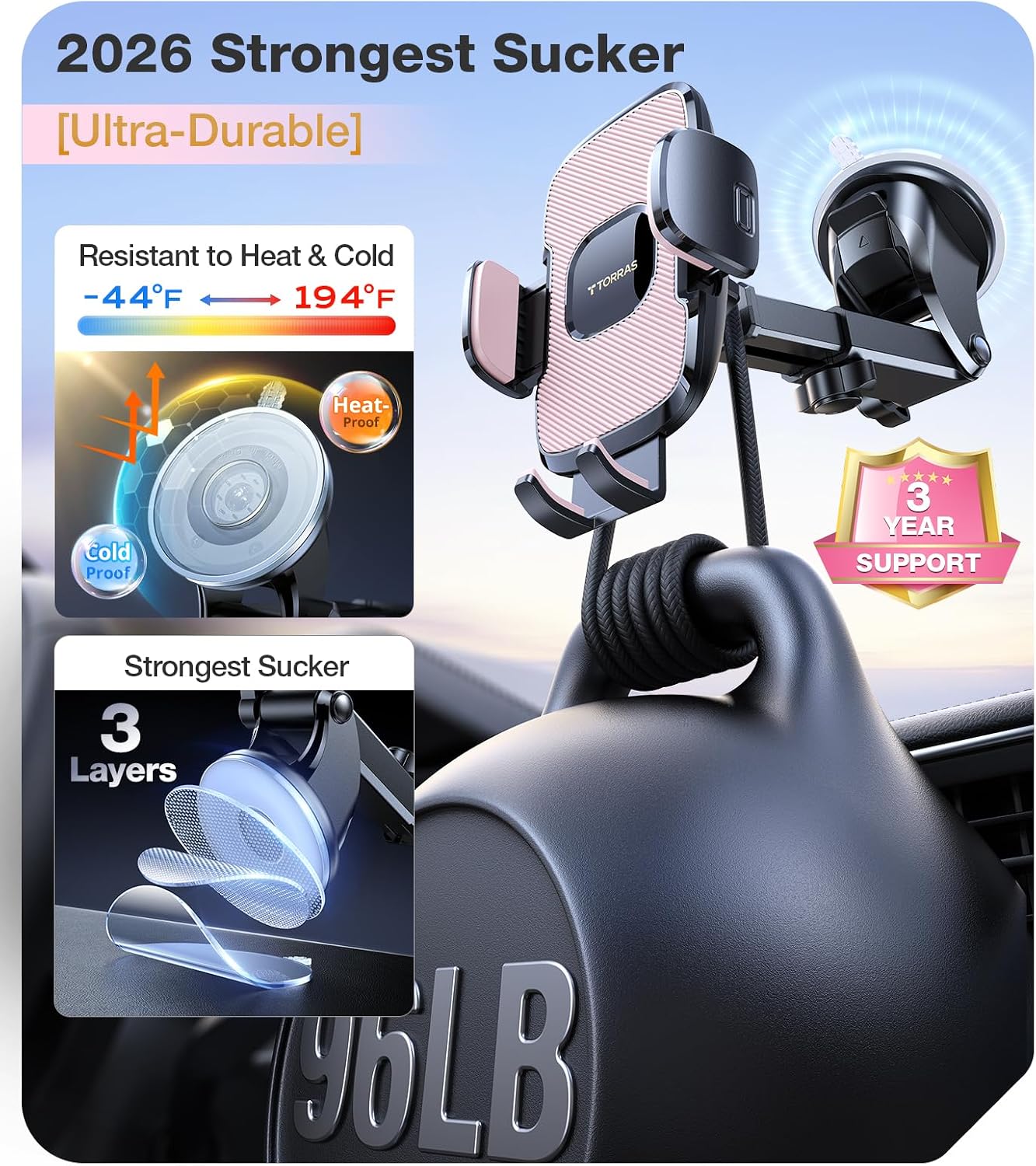 TORRAS Ultra-Durable Phone Holders for Your Car【96+LBS Strongest Suction】 Car Phone Holder Mount, Safety Certs Cell Phone Car Mount Truck for Dashboard Windshield Vent for iPhone 17 16 15 14 Pro Max
