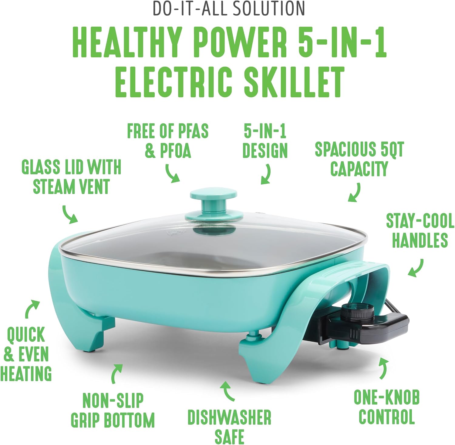 GreenLife 12" 5QT Electric Skillet, Turquoise