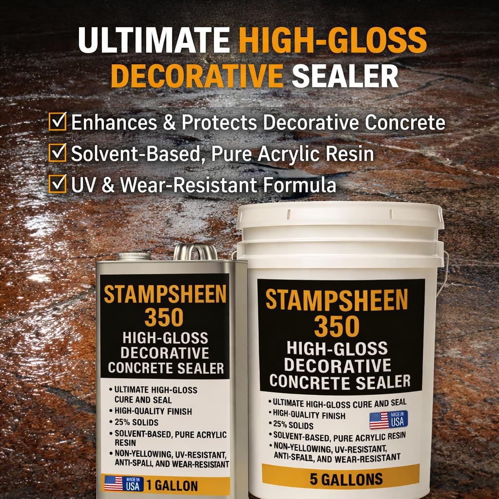 High Gloss Wet Look Decorative Concrete Sealer – Solvent-Based Acrylic Cure & Seal, UV-Resistant, Non-Yellowing Protective Film – Concrete & Paver Sealer for Outdoor Surfaces - Stampsheen 350 5gl