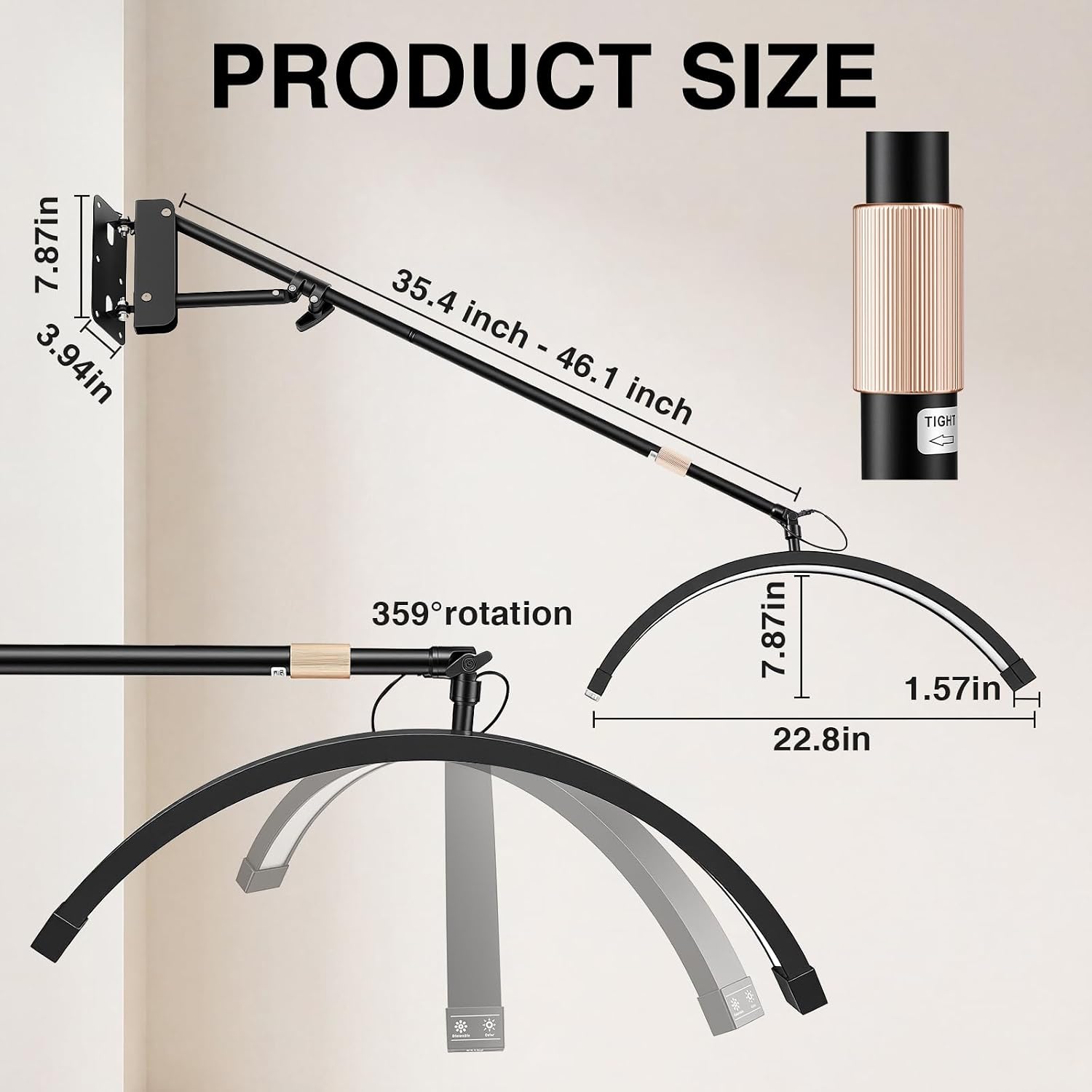 Wall Mount Lash Lamp Half Moon Shaped LED Lash Nail Light Cool/Warm Modes Adjustable Angle and Height for Barbershop Eyelashes Nail Eyebrows Tattoo