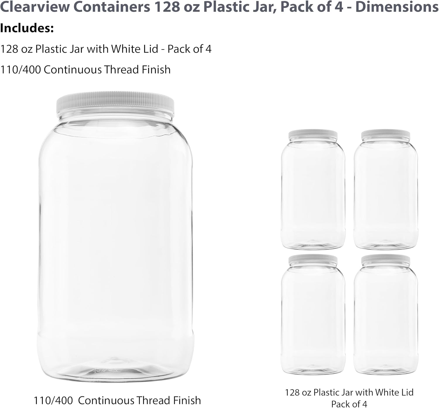 1 Pack - 128 oz (1 Gallon) Plastic Storage Jars with 110-400 Leak Proof Black Lids, Food Grade, BPA Free, Hand Wash Only (128oz, BLK, 1PK)