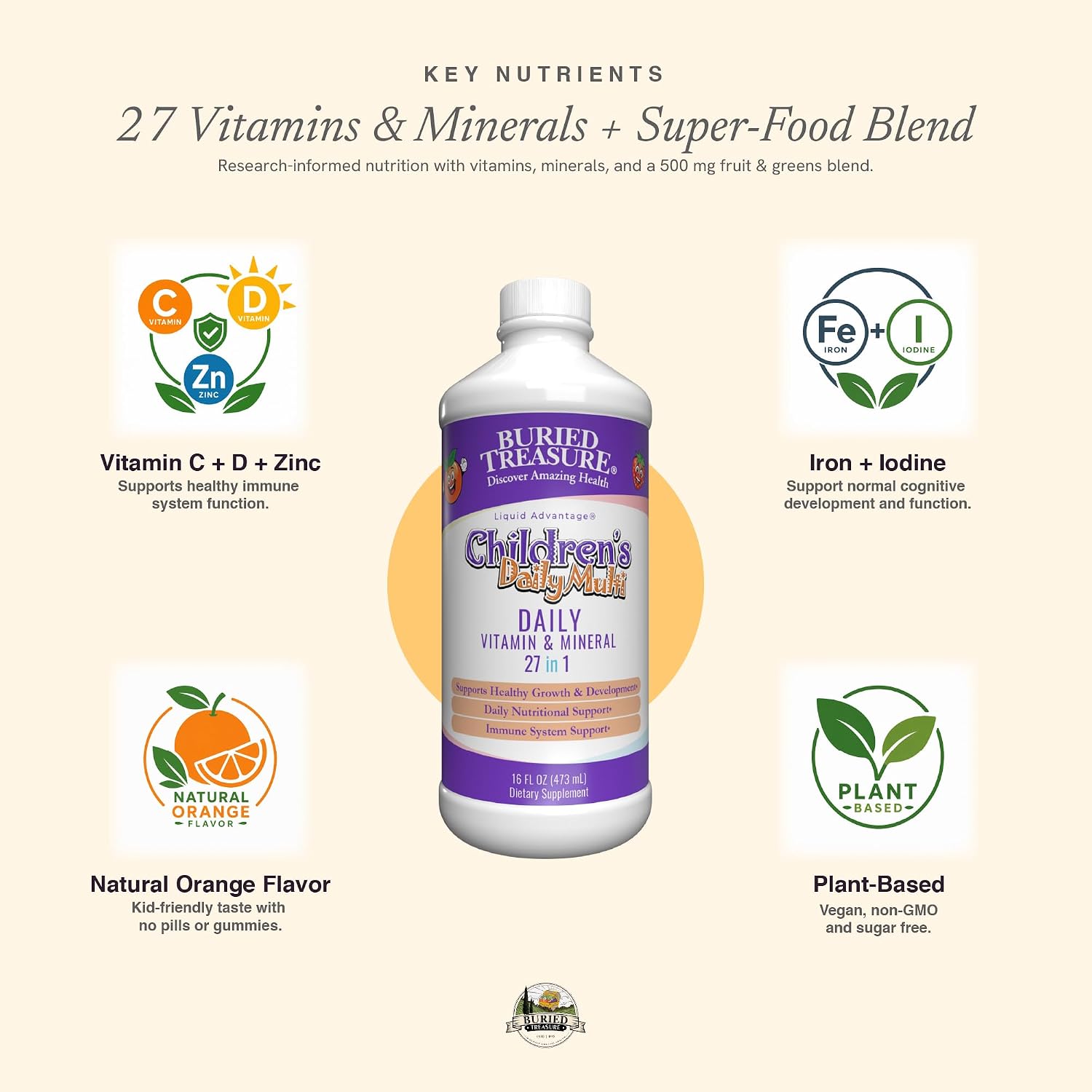 Buried Treasure Children’s Daily Liquid Multivitamin – 27 Vitamins & Minerals with SuperFood Blend – Sugar Free, Vegan, Orange Mango Flavor