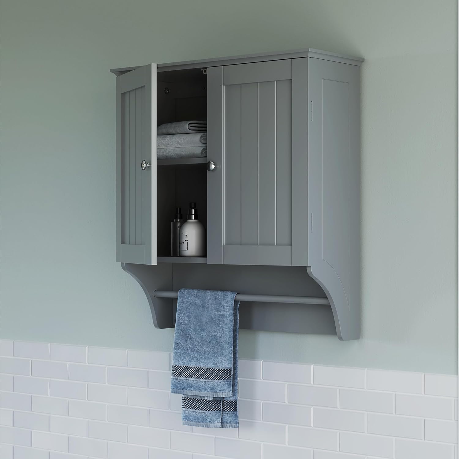 RiverRidge Ashland Collection Two-Door Wall, Gray Cabinet, Grey | Space-Saving Bath Storage Cabinet, Pine Wood Towel Rack, Painted MDF Shelf
