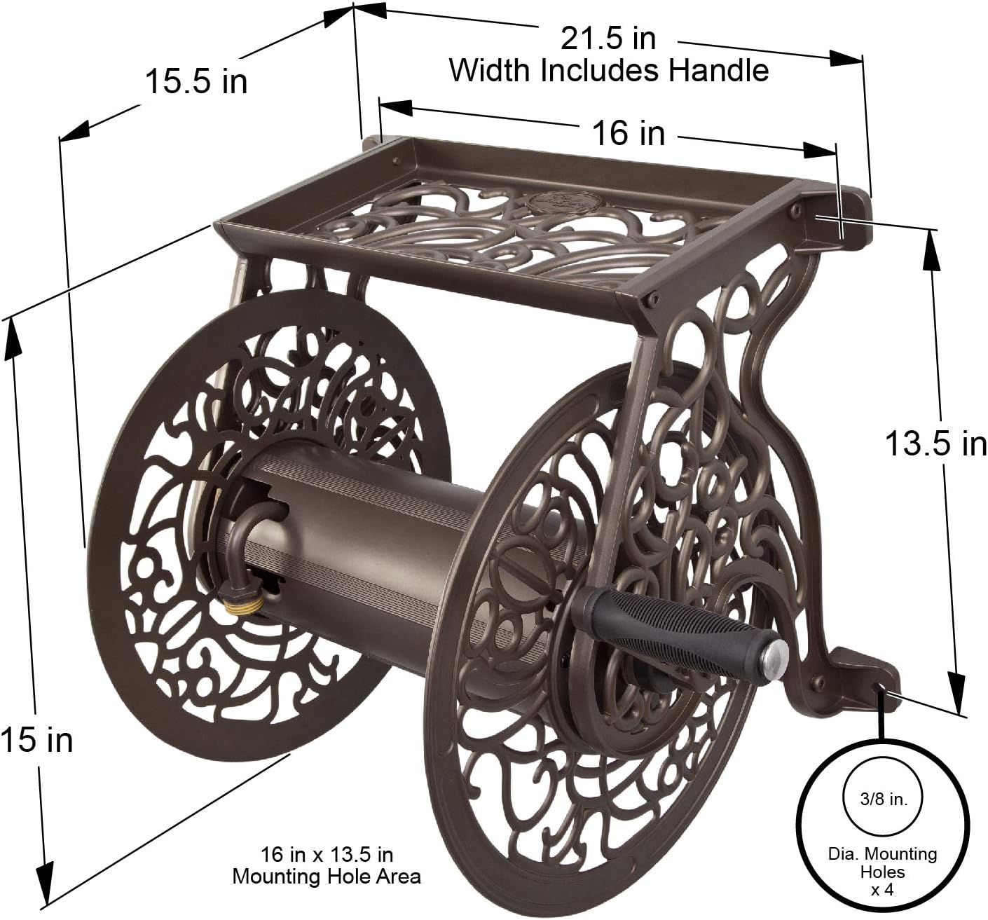 Liberty GARDEN 704 Decorative Cast Aluminum Wall Mount Garden Hose Reel, Holds 125-Feet of 5/8-Inch Hose - Bronze