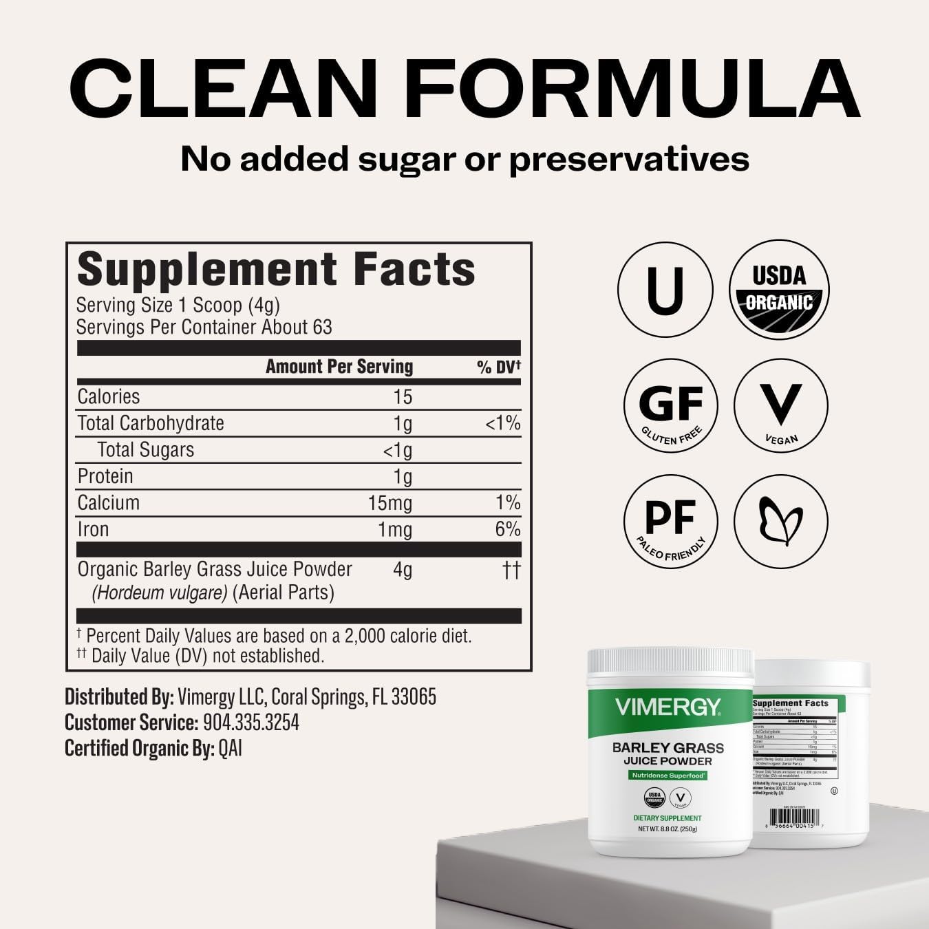 Vimergy Barley Grass Juice Powder, Organic Superfood, 250g, 63 Servings | Clean Nutrient-Dense Superfood*, Powerful Antioxidants for Cardiovascular Health*, Vegan, Gluten-Free