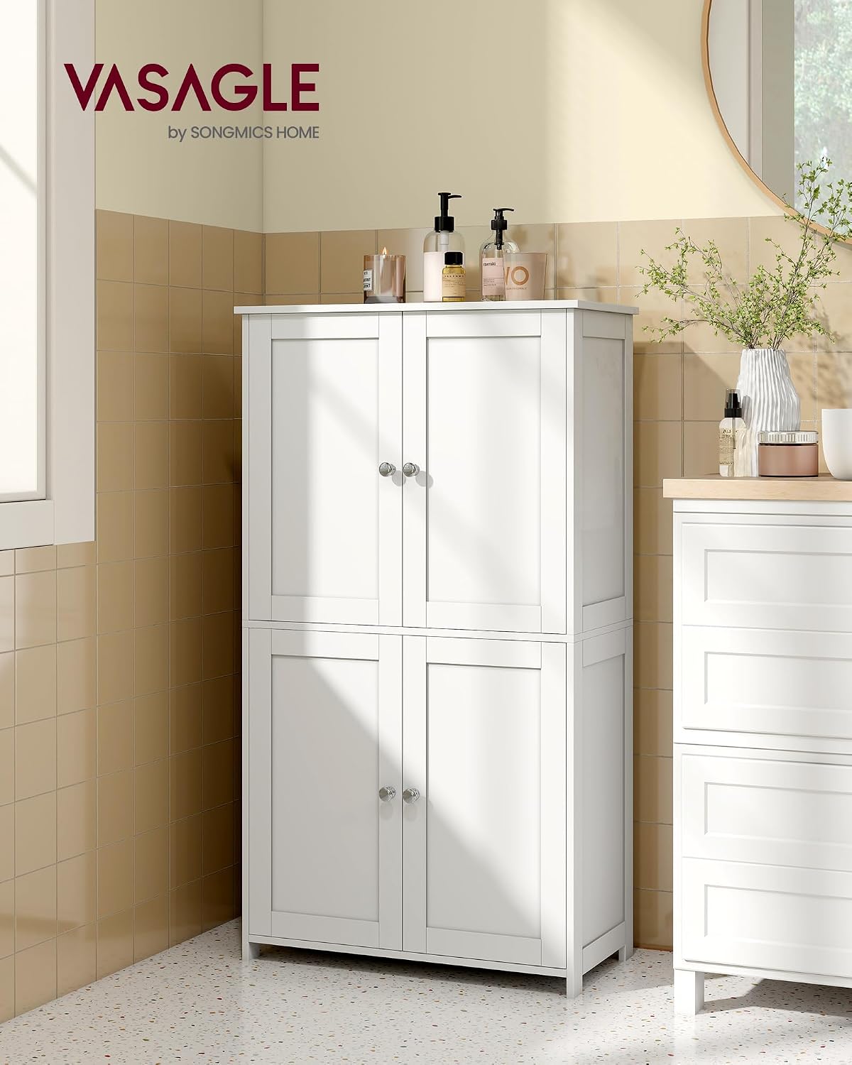 VASAGLE Floor Storage Cabinet, Freestanding Storage Unit with 2 Adjustable Shelves, for Bathroom Living Room Dining Kitchen, 11.8 x 23.6 x 31.5 Inches, Cloud White UBCB60WV1