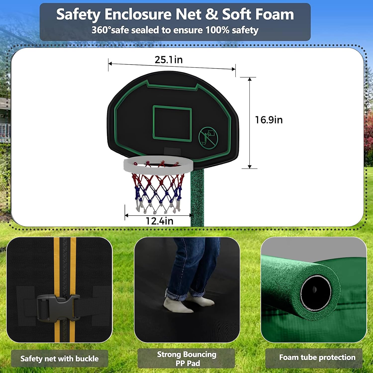 10 12 14 16FT Trampoline Outdoor, Light/Sprinkler/Basketball Hoop | Large Recreational Trampoline for Kids and Adults, Heavy Duty Yard Trampolines with Enclosure Net, ASTM Approval