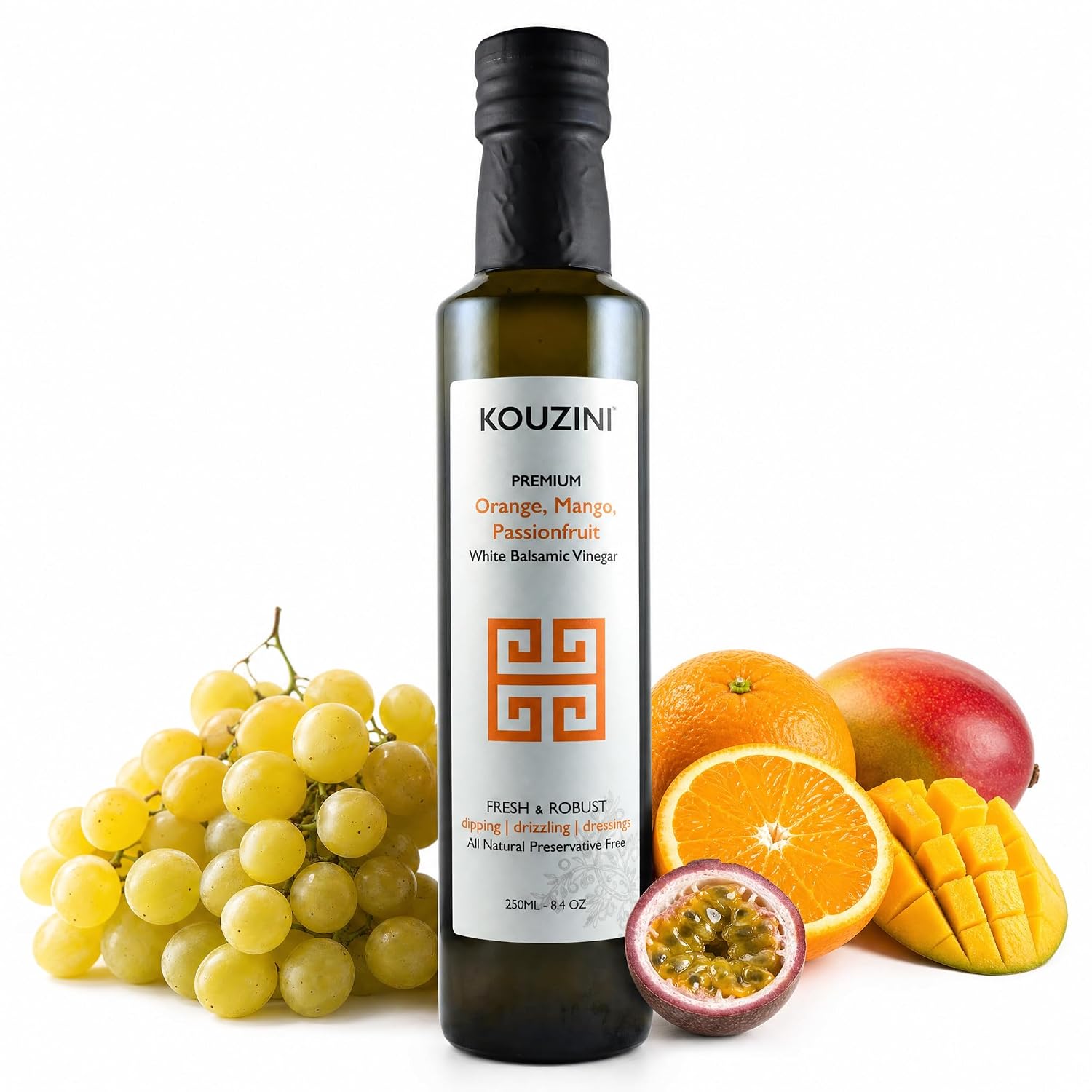 Kouzini Ultra-Premium Peach White Balsamic Vinegar, Aged, No Added Sugars or Preservatives, Ideal for Salads, Meats, Fish, Pizza, & Bread Dipping, Luxurious Balsamic Vinegar of Modena, 250ml