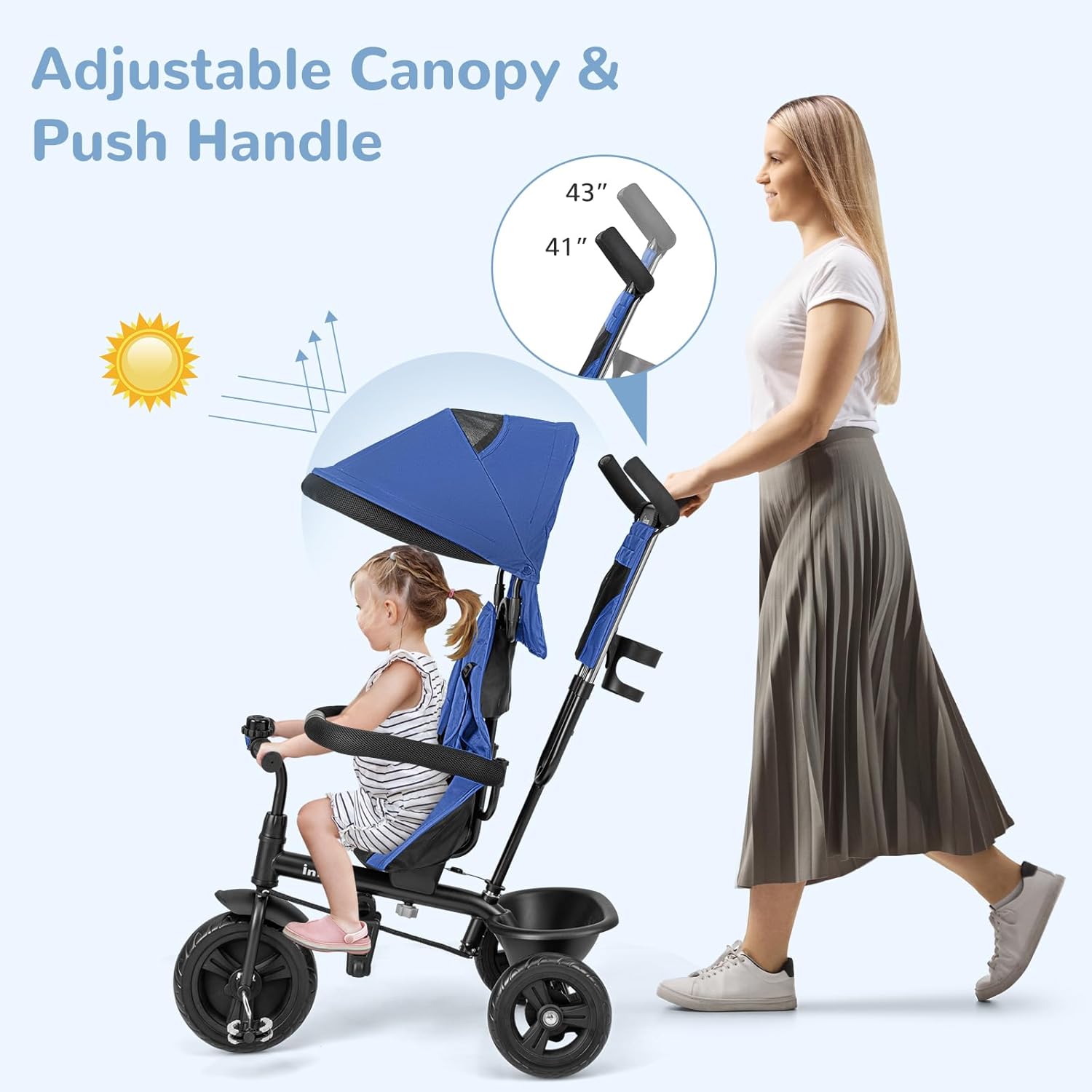 INFANS Kids Tricycle, 6 in 1 Stroll Trike with Adjustable Push Handle, Removable Canopy, Retractable Foot Plate, Lockable Pedal, Detachable Guardrail, Suitable for 10 Months to 5 Years (Blue)