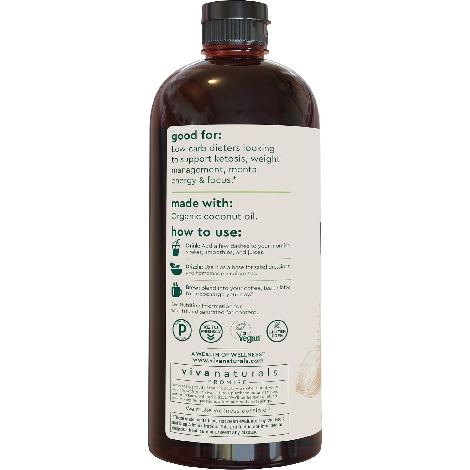 Viva Naturals Organic MCT Oil, 32 fl oz – MCT Oil for Coffee, USDA Organic, Non-GMO, Paleo Certified & Keto Friendly, Supports Energy & Mental Clarity