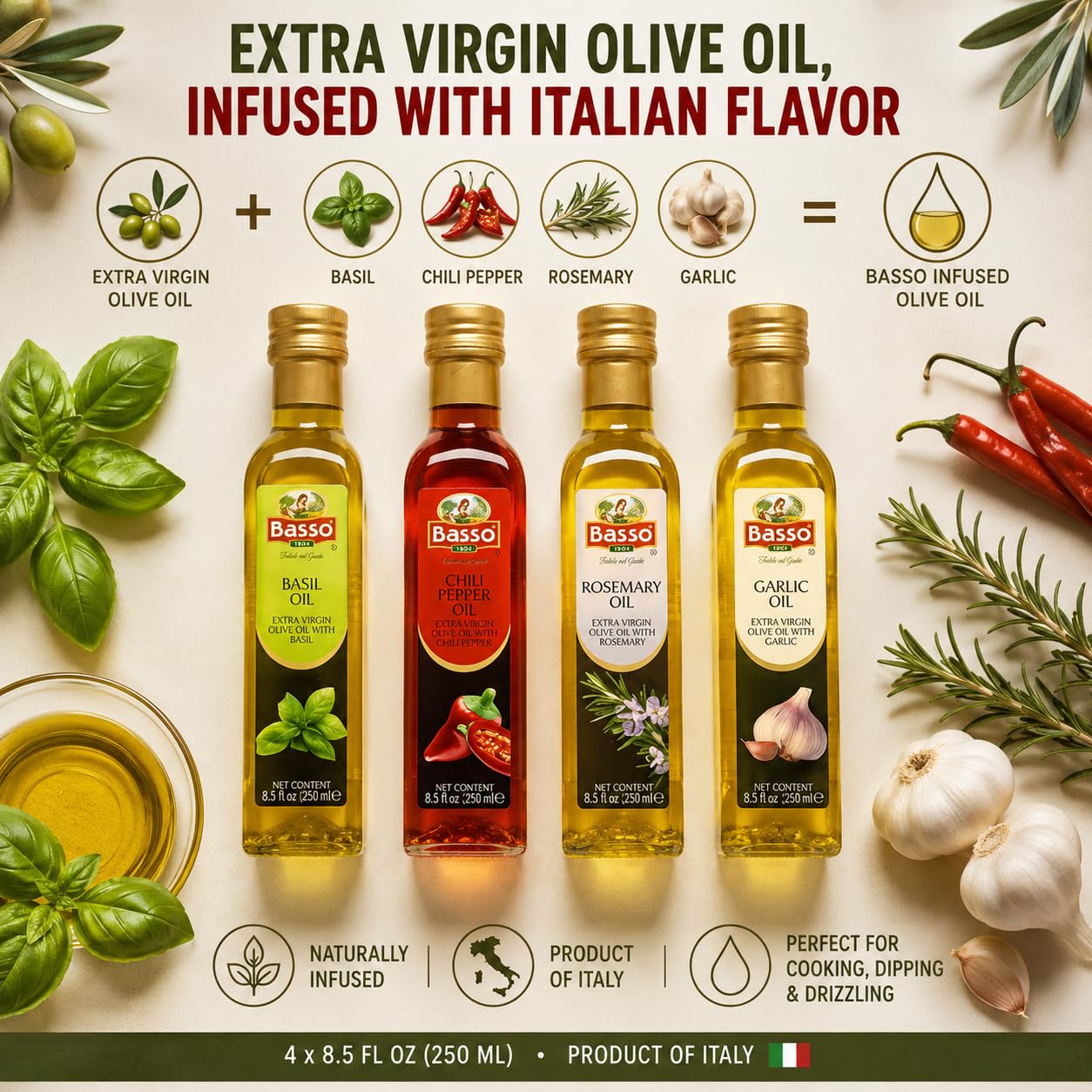 BASSO 1904 Infused Extra Virgin Olive Oil Gift Box Set, 8.5 Fl Oz (250 ml)