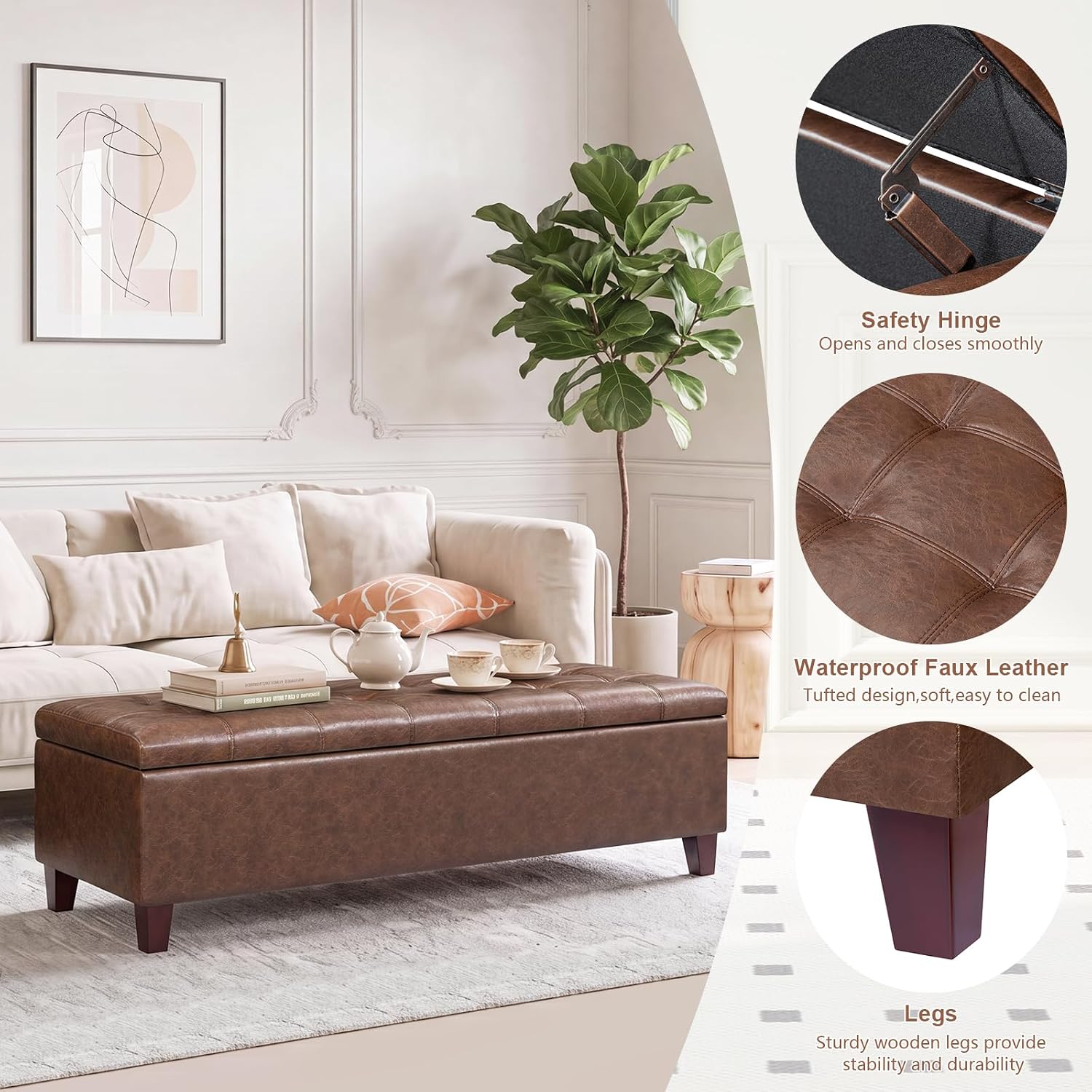 51 Inch Storage Bench,Leather Tufted Storage Ottoman with Legs | Safety Hinges,Wooden Legs,Upholstered,End of Bed,Bedroom,Living Room,Entryway,330LBS,Brown