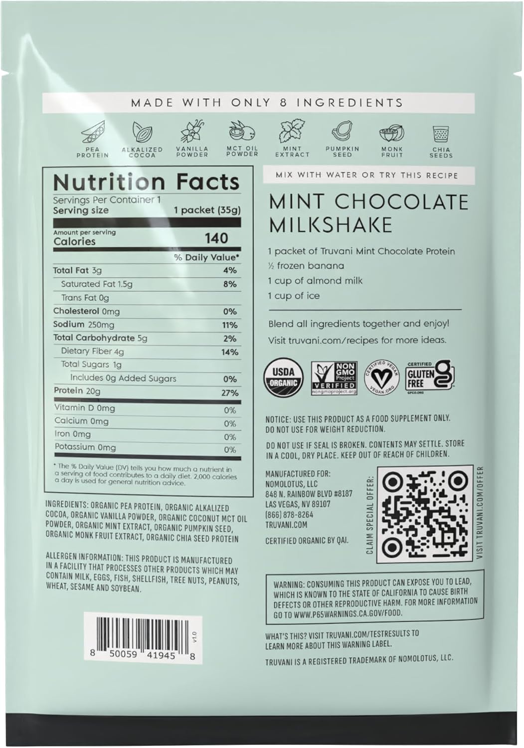 Truvani Organic Plant Based Protein Powder | Chocolate | 1 Serving
